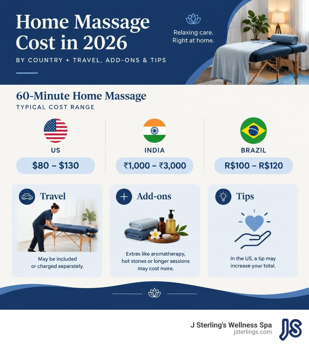 2026 home massage cost ranges by country plus travel, add-ons, and tips infographic