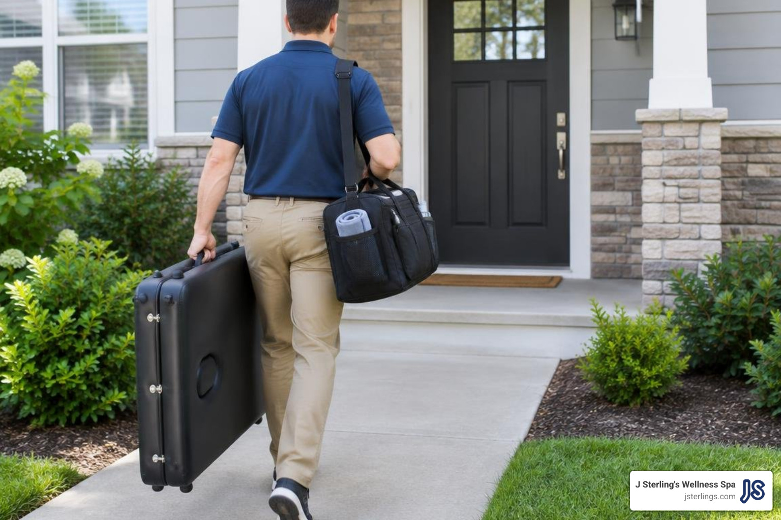 therapist carrying professional massage equipment and table