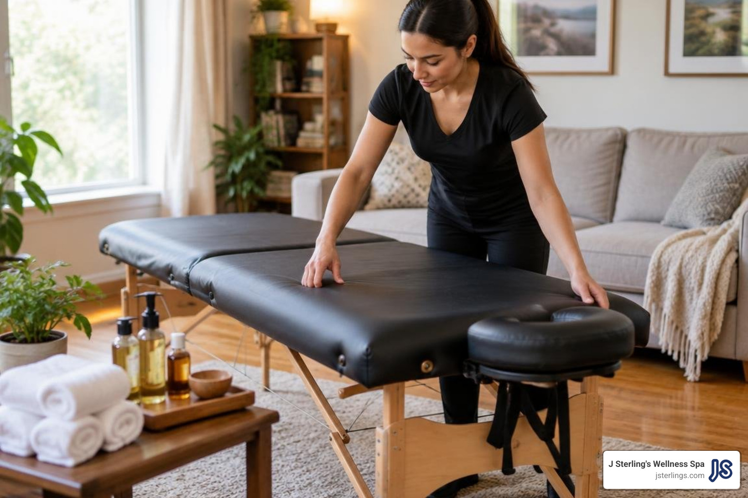 mobile massage therapist setting up portable table