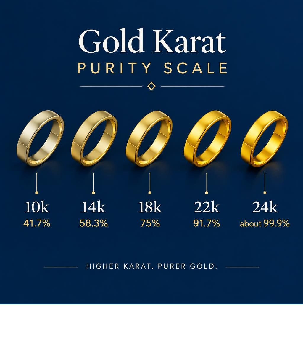 Gold karat purity scale: 10k 41.7%, 14k 58.3%, 18k 75%, 22k 91.7%, 24k about 99.9% infographic