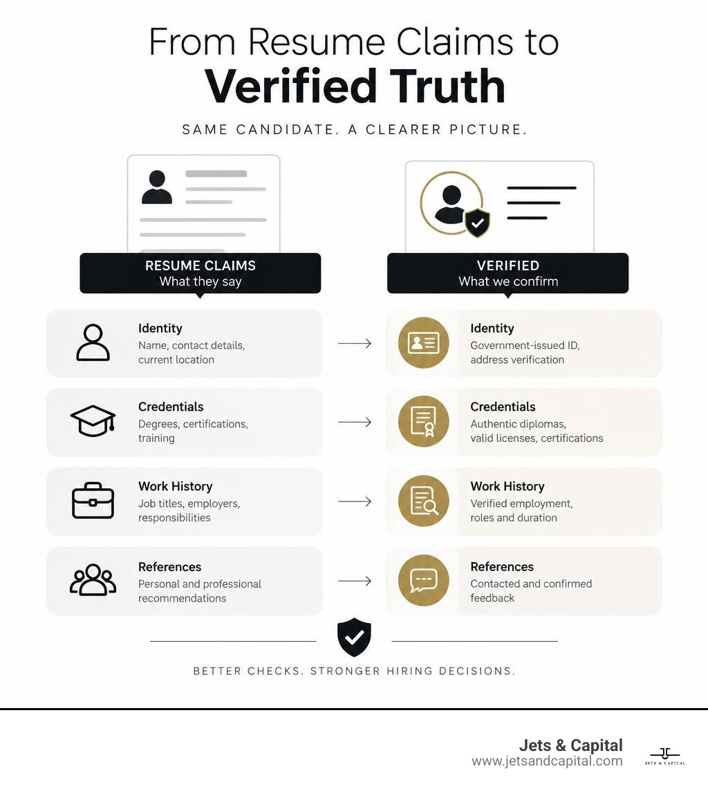 Infographic comparing resume claims with verified identity, credentials, work history, and references infographic Infographic comparing resume claims with verified identity, credentials, work history, and references infographic