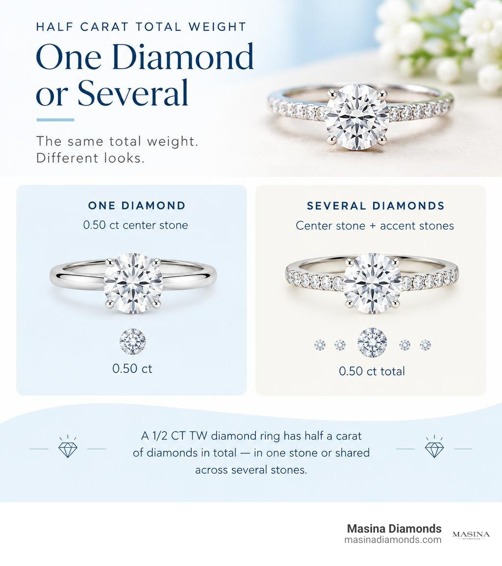 Half carat total weight shown as one diamond or shared across several diamonds infographic Half carat total weight shown as one diamond or shared across several diamonds infographic