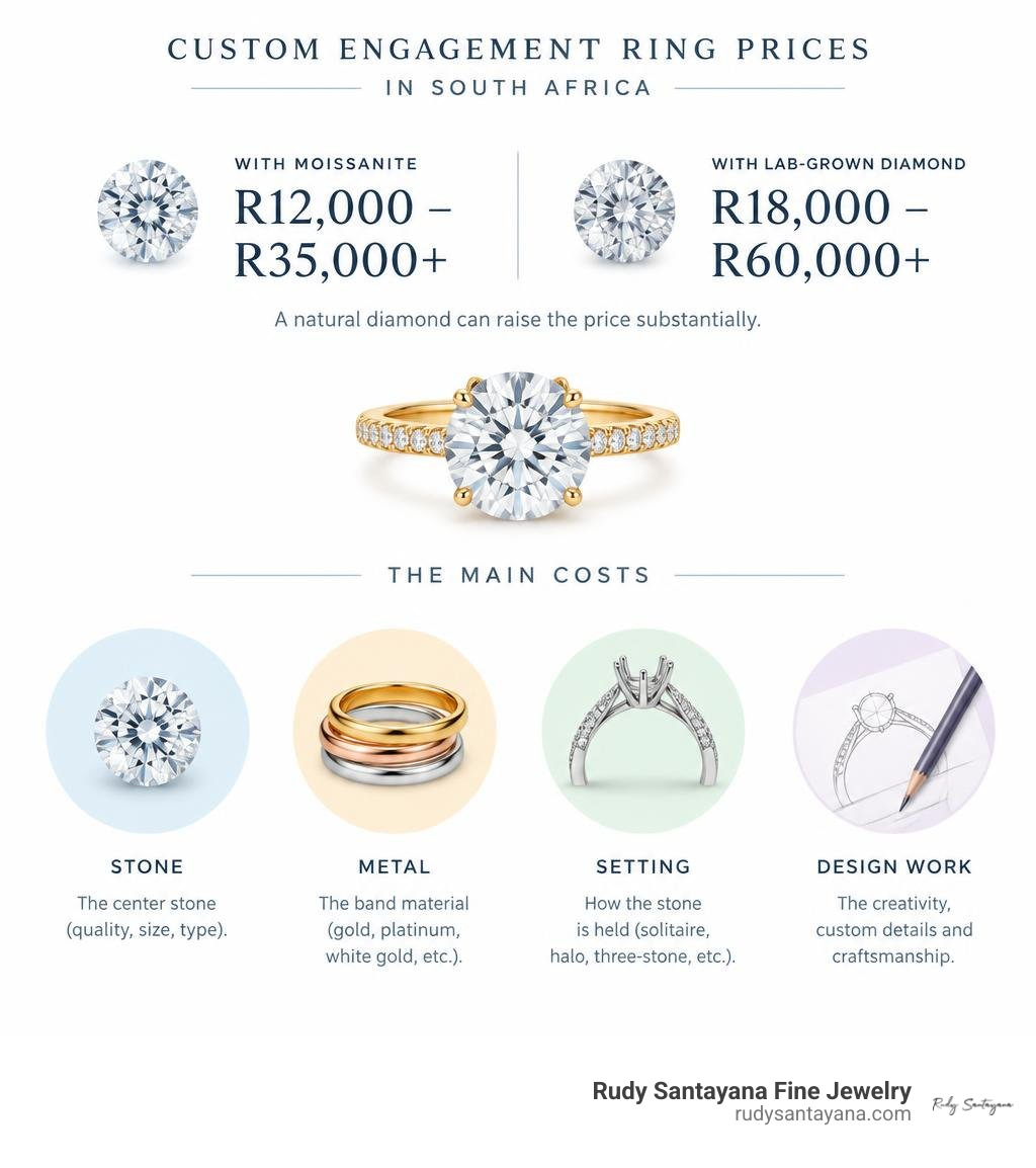 Infographic showing South Florida custom ring price ranges and the main costs: stone, metal, setting, and design work