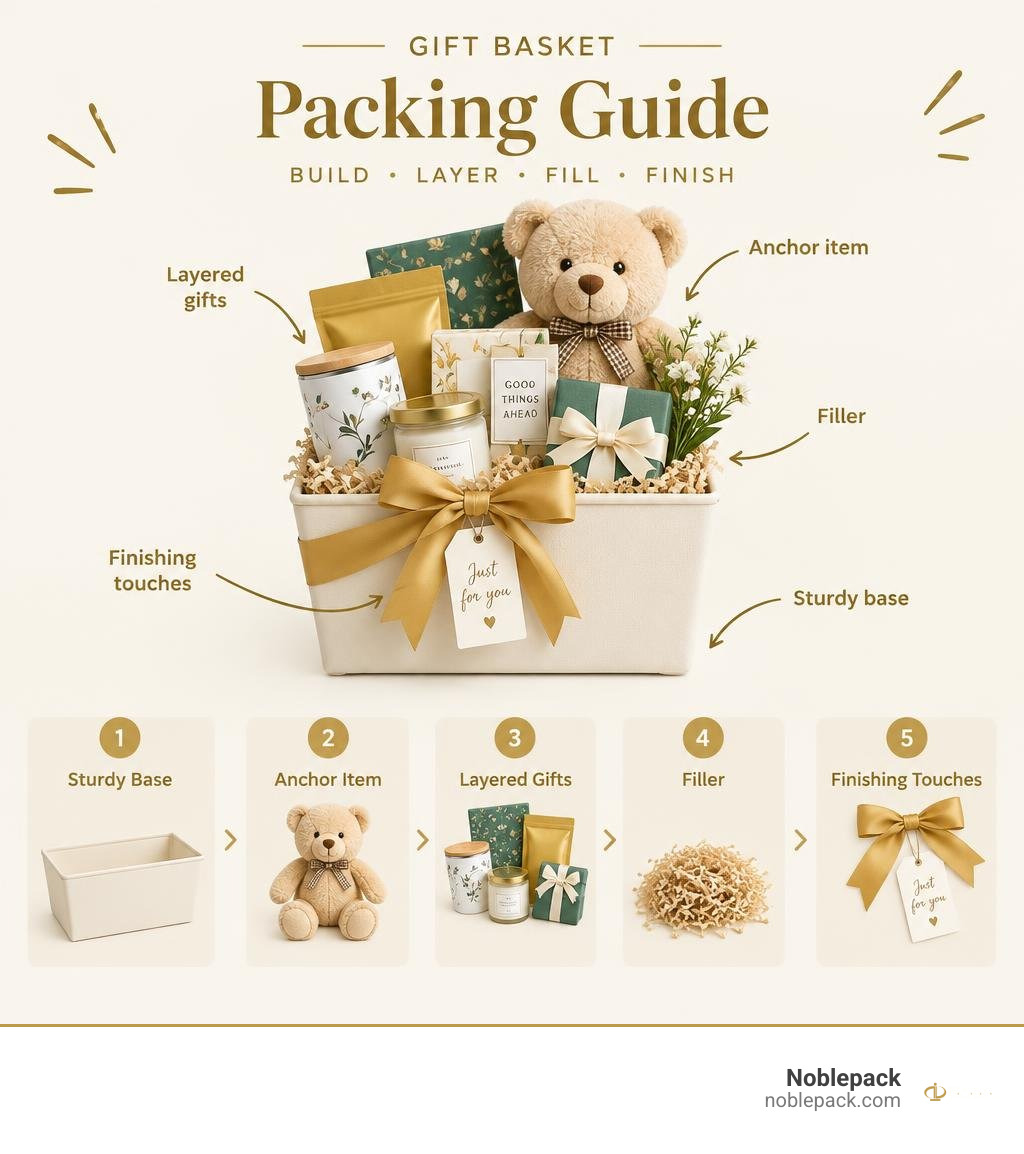 Gift basket packing guide showing a sturdy base, anchor item, layered gifts, filler, and finishing touches infographic Gift basket packing guide showing a sturdy base, anchor item, layered gifts, filler, and finishing touches infographic