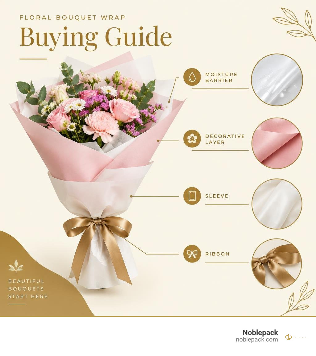 Floral bouquet wrap buying guide showing moisture barrier, decorative layer, sleeve, and ribbon infographic Floral bouquet wrap buying guide showing moisture barrier, decorative layer, sleeve, and ribbon infographic