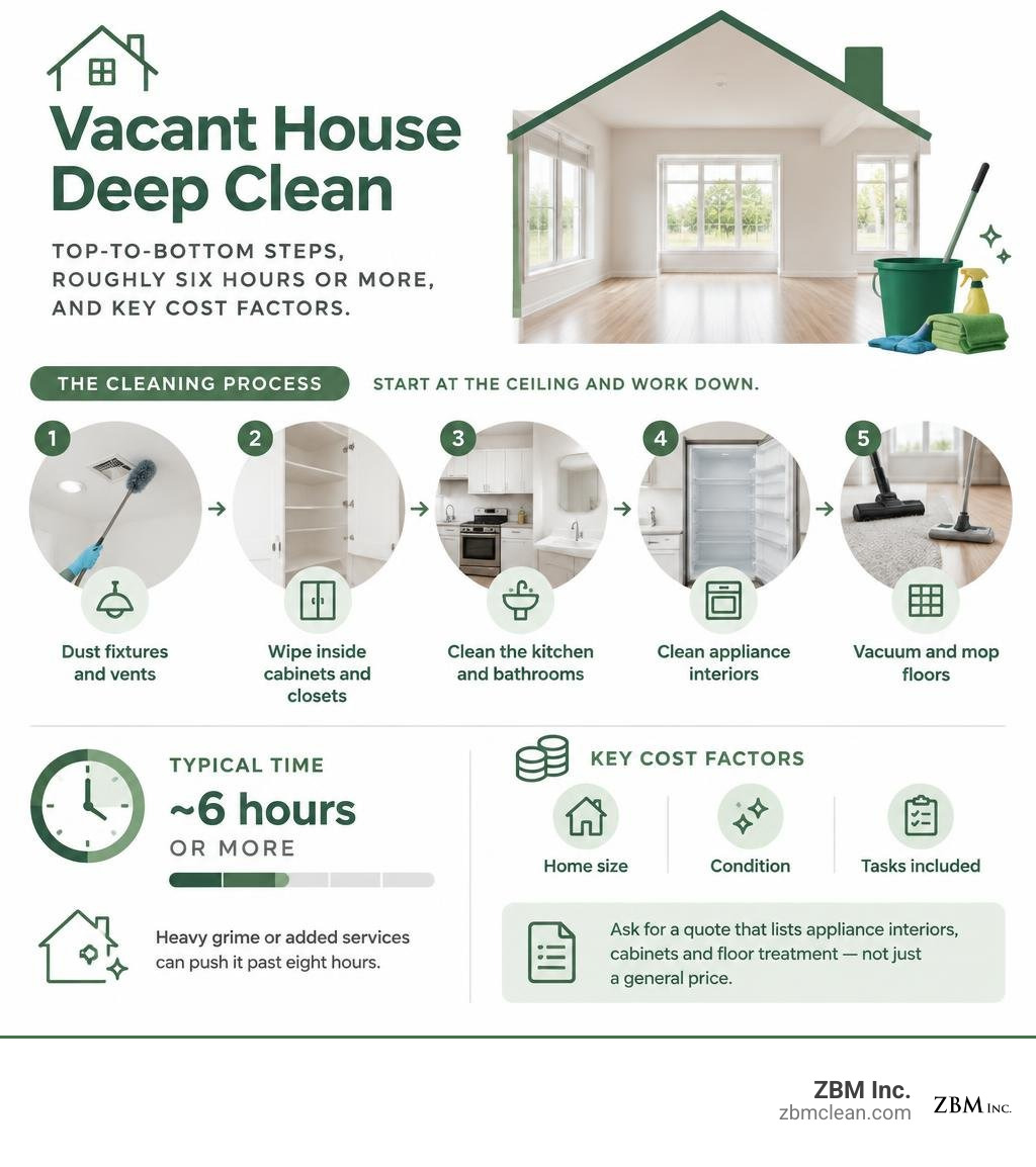 Vacant house deep clean: top-to-bottom steps, roughly six hours or more, and key cost factors infographic Vacant house deep clean: top-to-bottom steps, roughly six hours or more, and key cost factors infographic