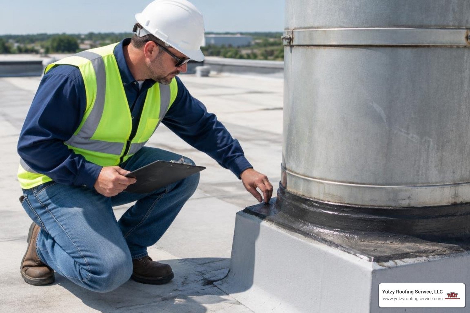 commercial roof technician inspecting high-temp sealant around industrial chimney collar commercial roof technician inspecting high-temp sealant around industrial chimney collar