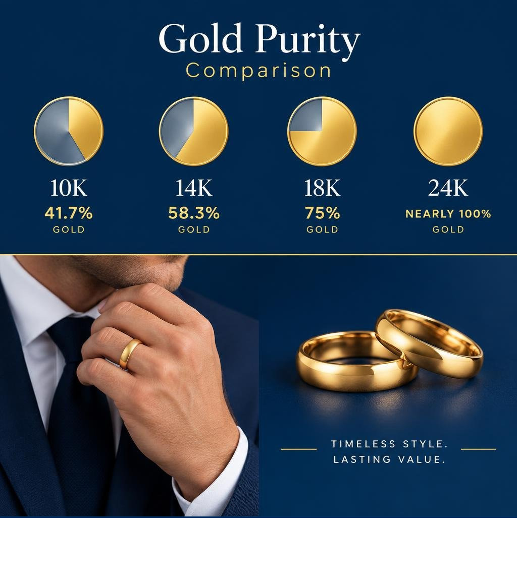 Gold purity comparison: 10K 41.7%, 14K 58.3%, 18K 75%, and 24K nearly 100% gold infographic Gold purity comparison: 10K 41.7%, 14K 58.3%, 18K 75%, and 24K nearly 100% gold infographic