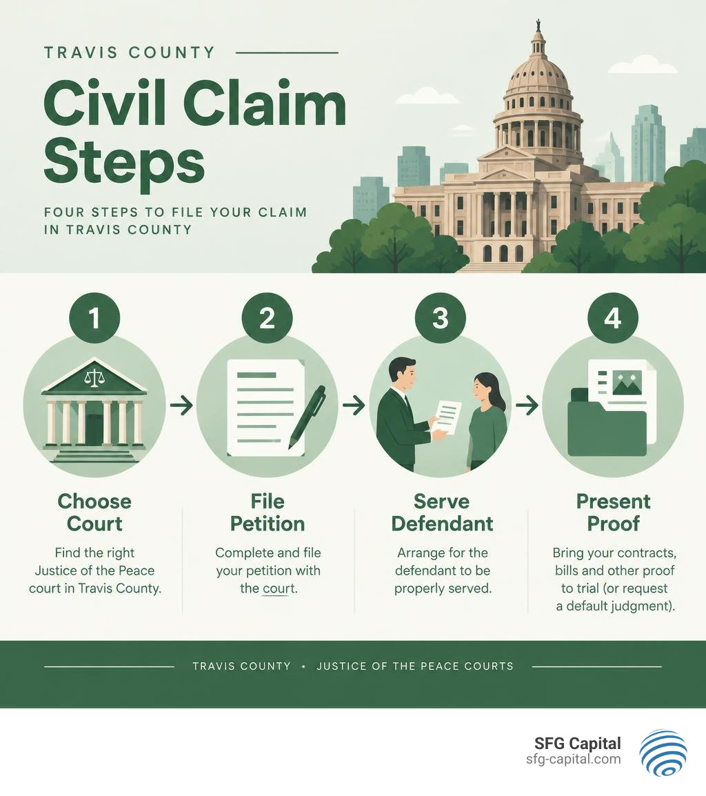 Travis County civil claim steps: choose court, file petition, serve defendant, present proof infographic Travis County civil claim steps: choose court, file petition, serve defendant, present proof infographic