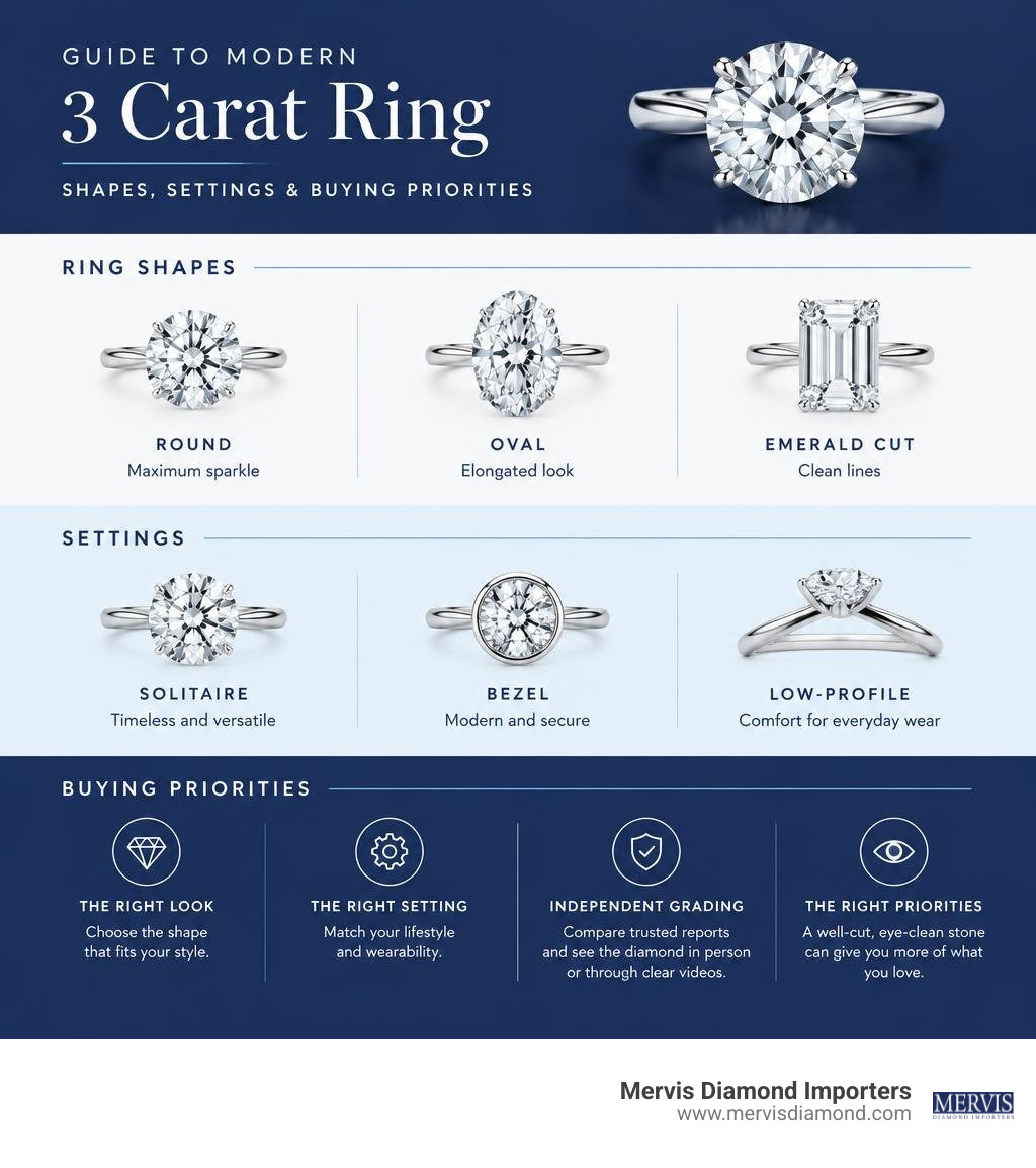 Guide to modern 3 carat ring shapes, settings, and buying priorities infographic Guide to modern 3 carat ring shapes, settings, and buying priorities infographic