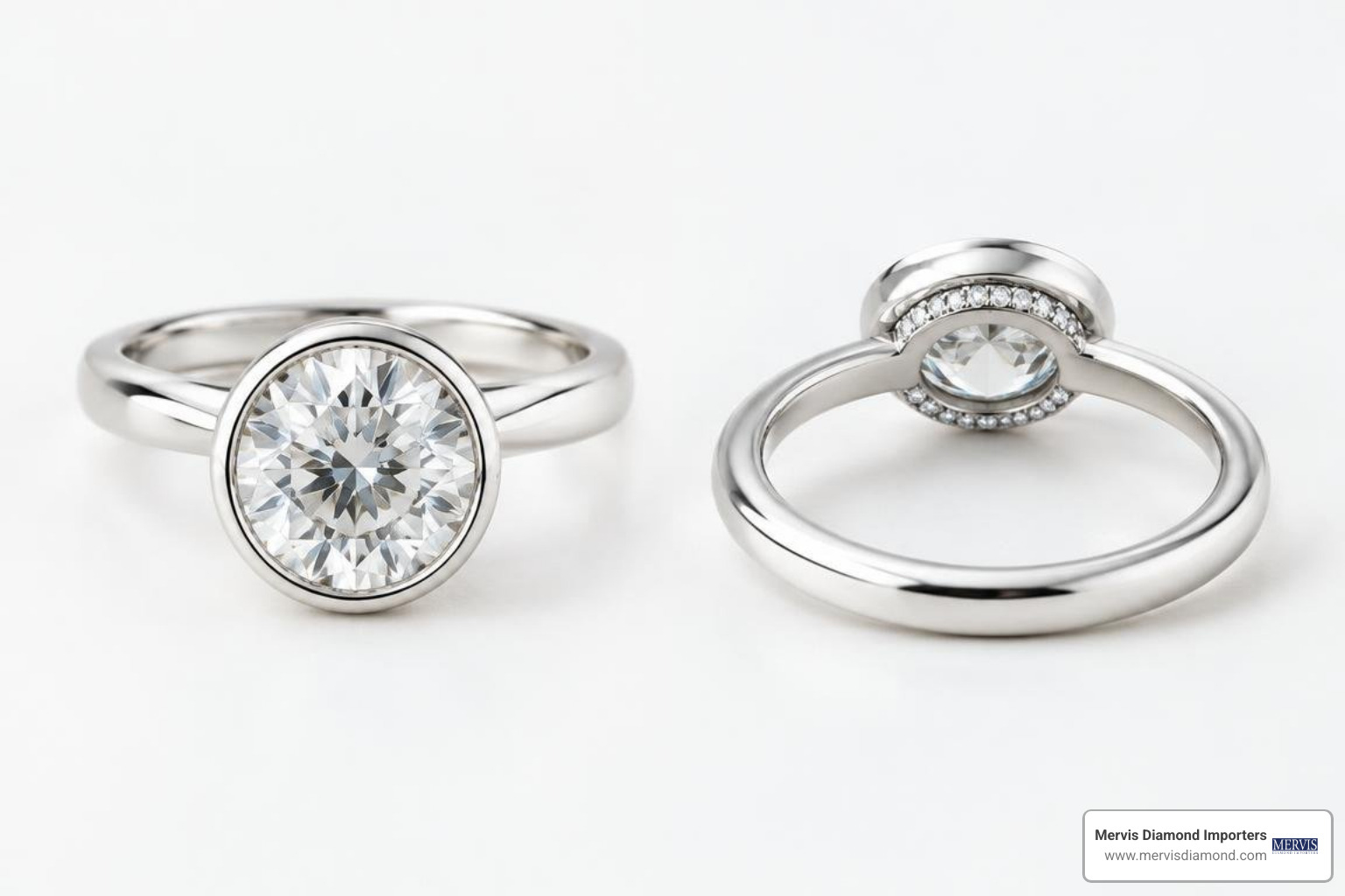 Contemporary minimalist bezel and hidden halo settings Contemporary minimalist bezel and hidden halo settings