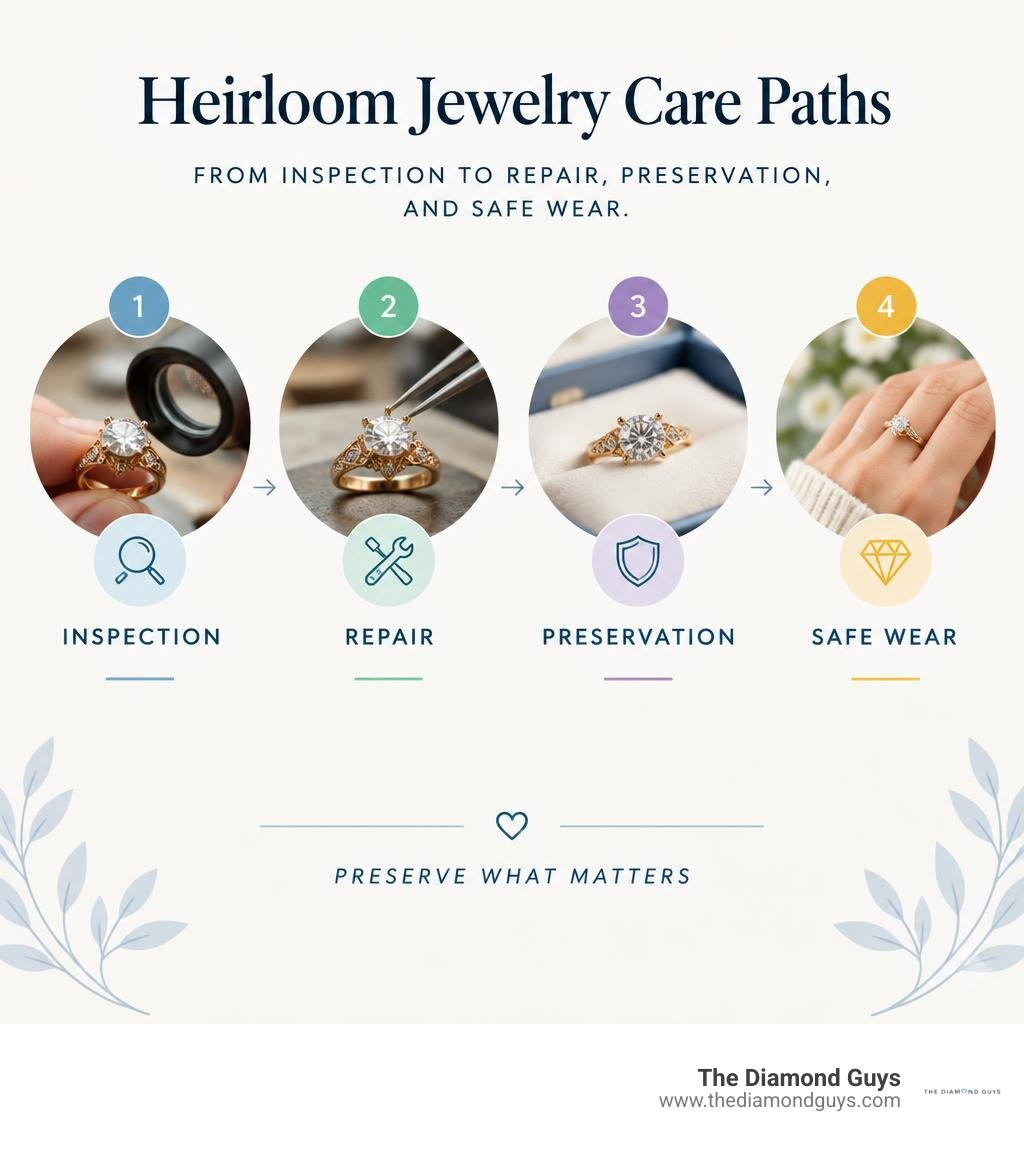 Heirloom jewelry care paths from inspection to repair, preservation, and safe wear infographic Heirloom jewelry care paths from inspection to repair, preservation, and safe wear infographic