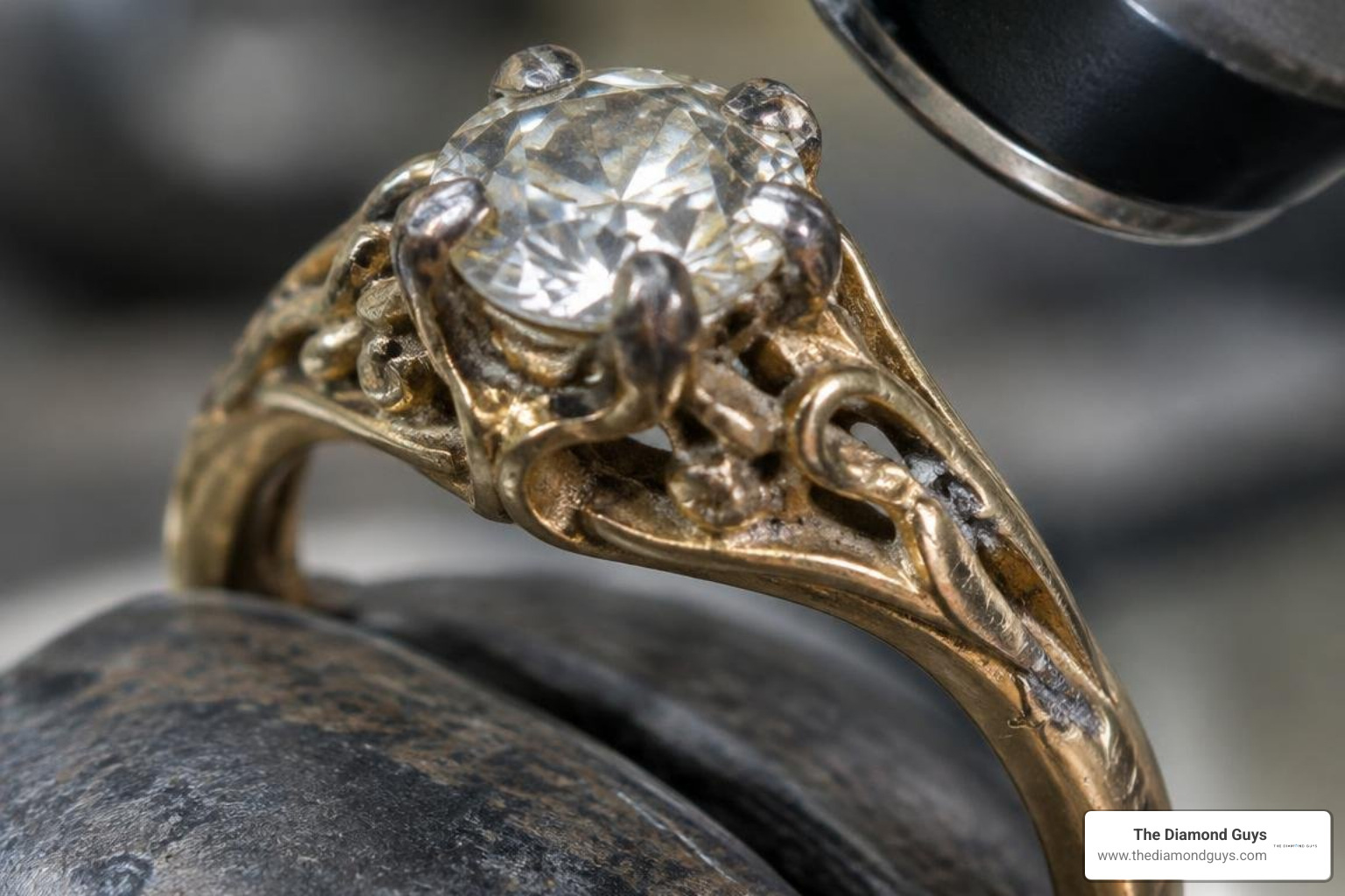 damaged antique ring prongs and worn filigree under bench magnification damaged antique ring prongs and worn filigree under bench magnification