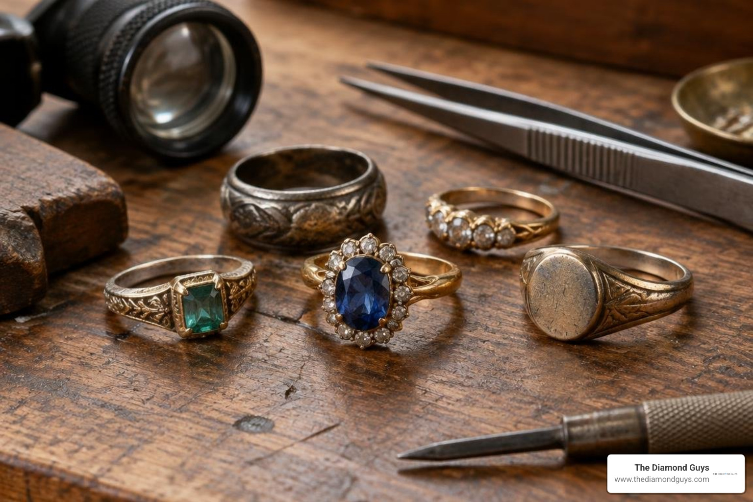 antique heirloom rings on a jeweler's workbench antique heirloom rings on a jeweler's workbench