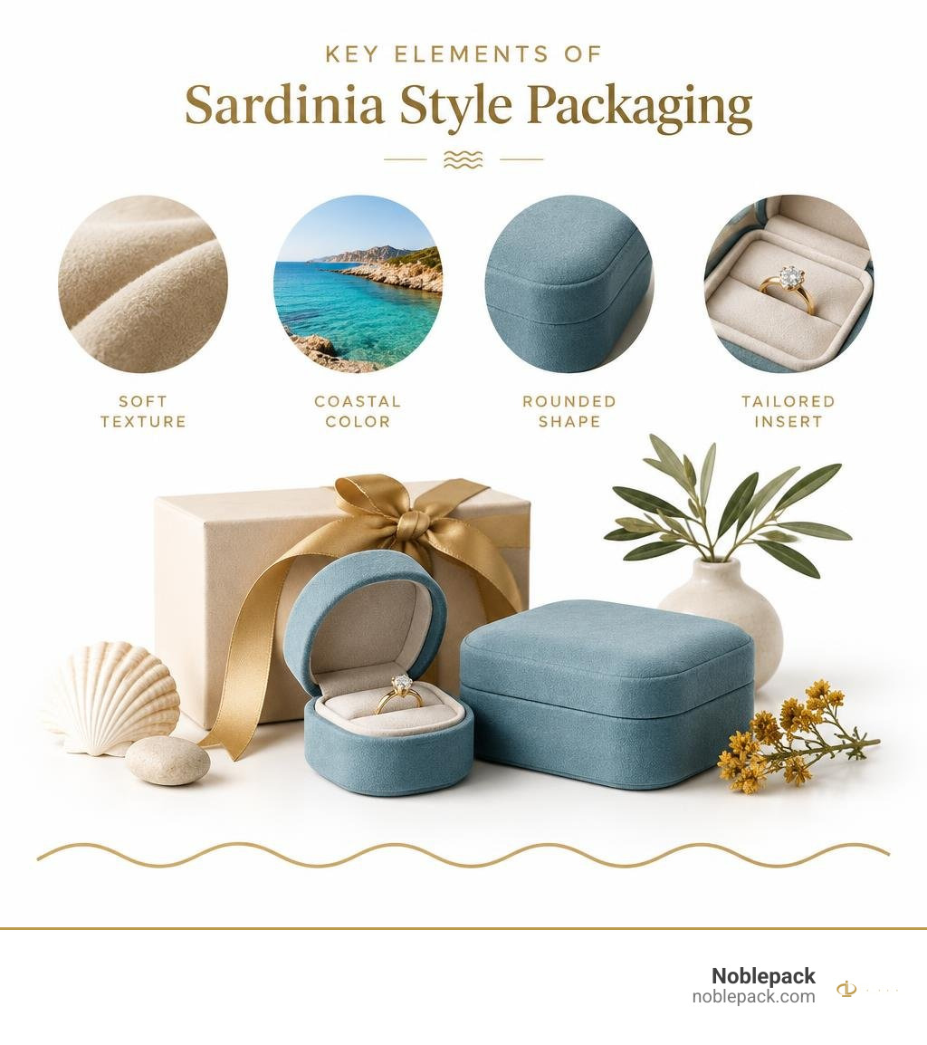 Key elements of Sardinia style packaging: soft texture, coastal color, rounded shape, tailored insert infographic