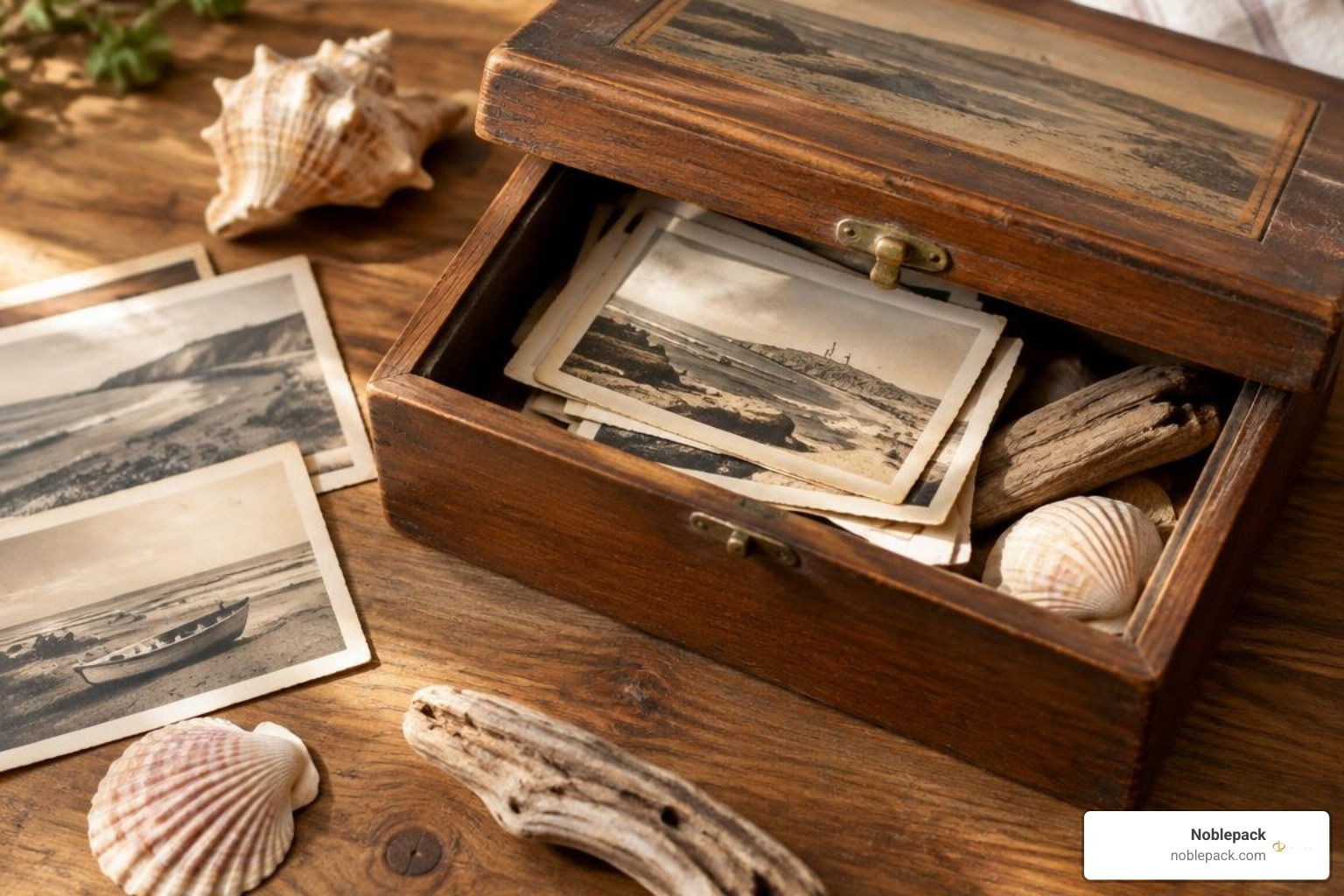 Vintage-style photo keepsake box with coastal accessories