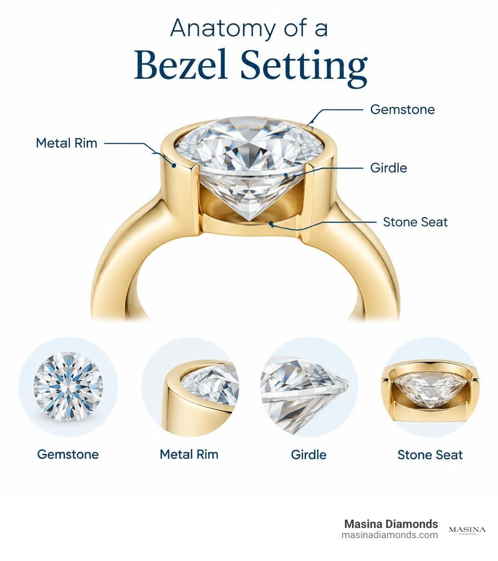 Anatomy of a bezel setting showing the gemstone, metal rim, girdle, and stone seat infographic Anatomy of a bezel setting showing the gemstone, metal rim, girdle, and stone seat infographic