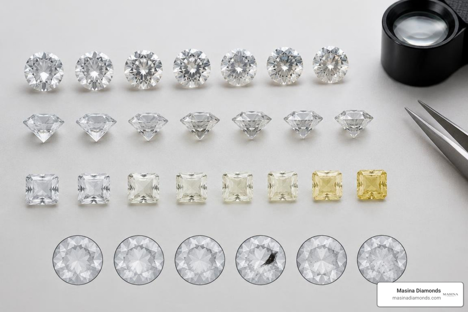 Diamond grading chart illustrating cut precision, color tiers, and clarity inclusions Diamond grading chart illustrating cut precision, color tiers, and clarity inclusions