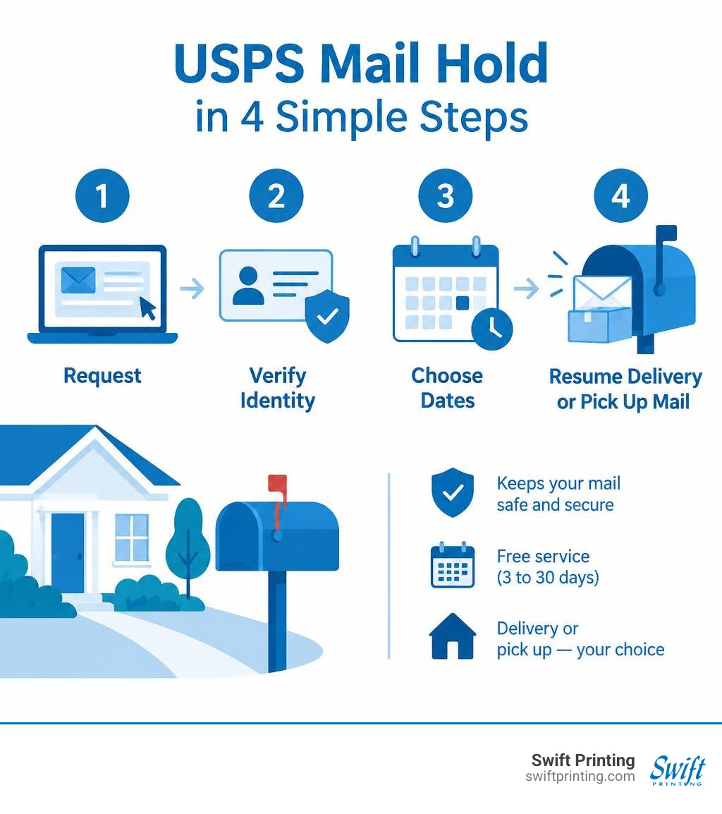 USPS mail hold steps: request, verify identity, choose dates, and resume delivery or pick up mail infographic
