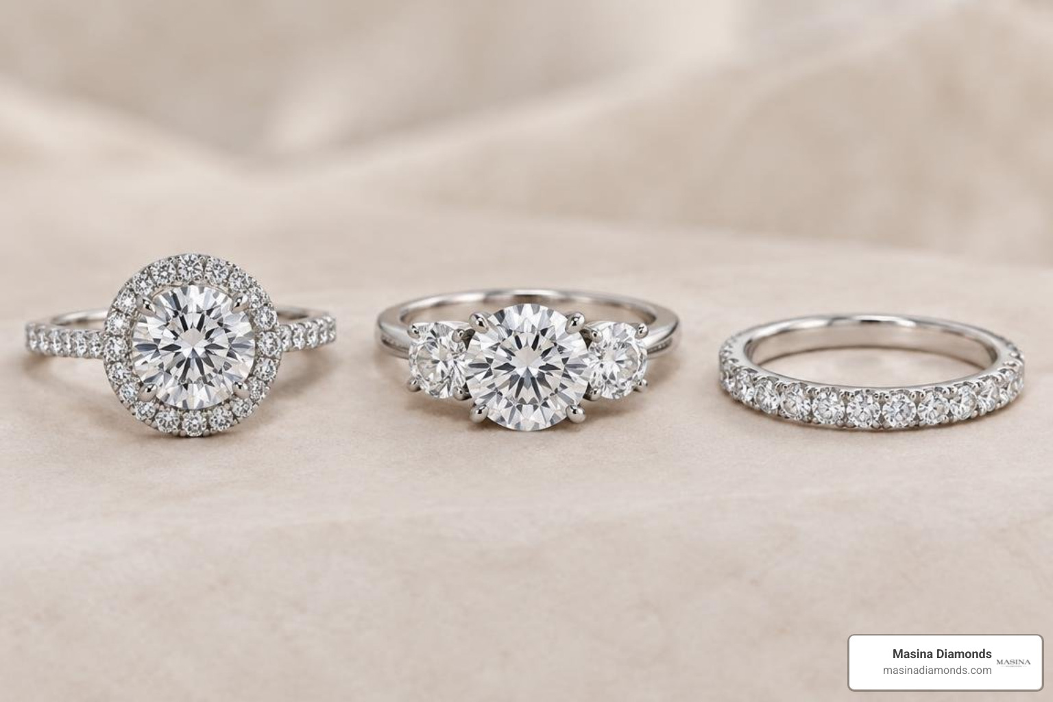 Popular diamond ring settings including halo, three-stone, and pavé bands Popular diamond ring settings including halo, three-stone, and pavé bands