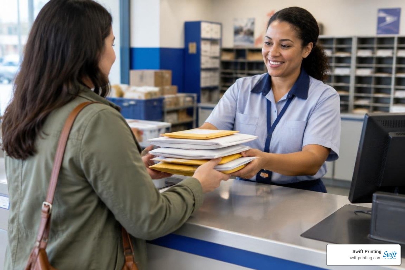 postal customer picking up accumulated mail bundles at a local post office