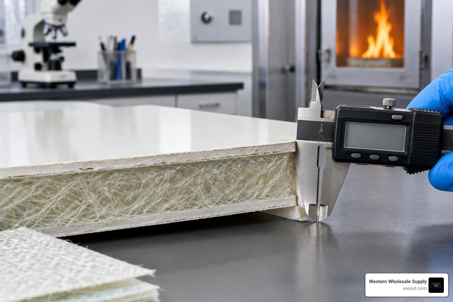 Class A fire-rated FRP panel cross-section and thickness gauge Class A fire-rated FRP panel cross-section and thickness gauge