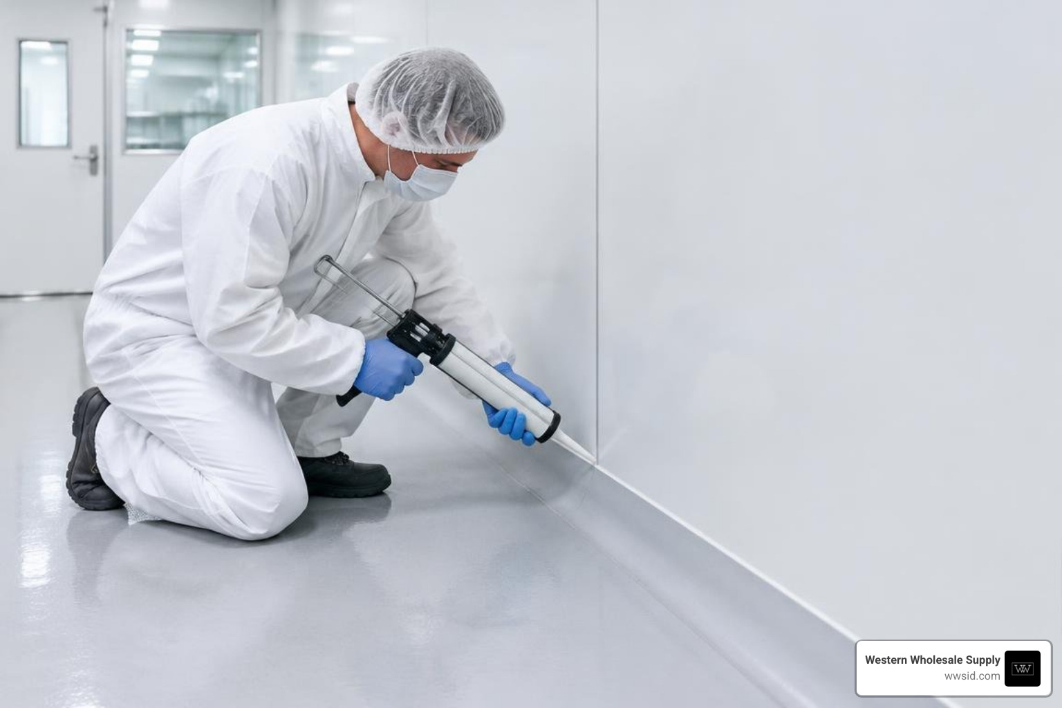 Sanitary two-part seam sealant application and curved PVC coving installation Sanitary two-part seam sealant application and curved PVC coving installation