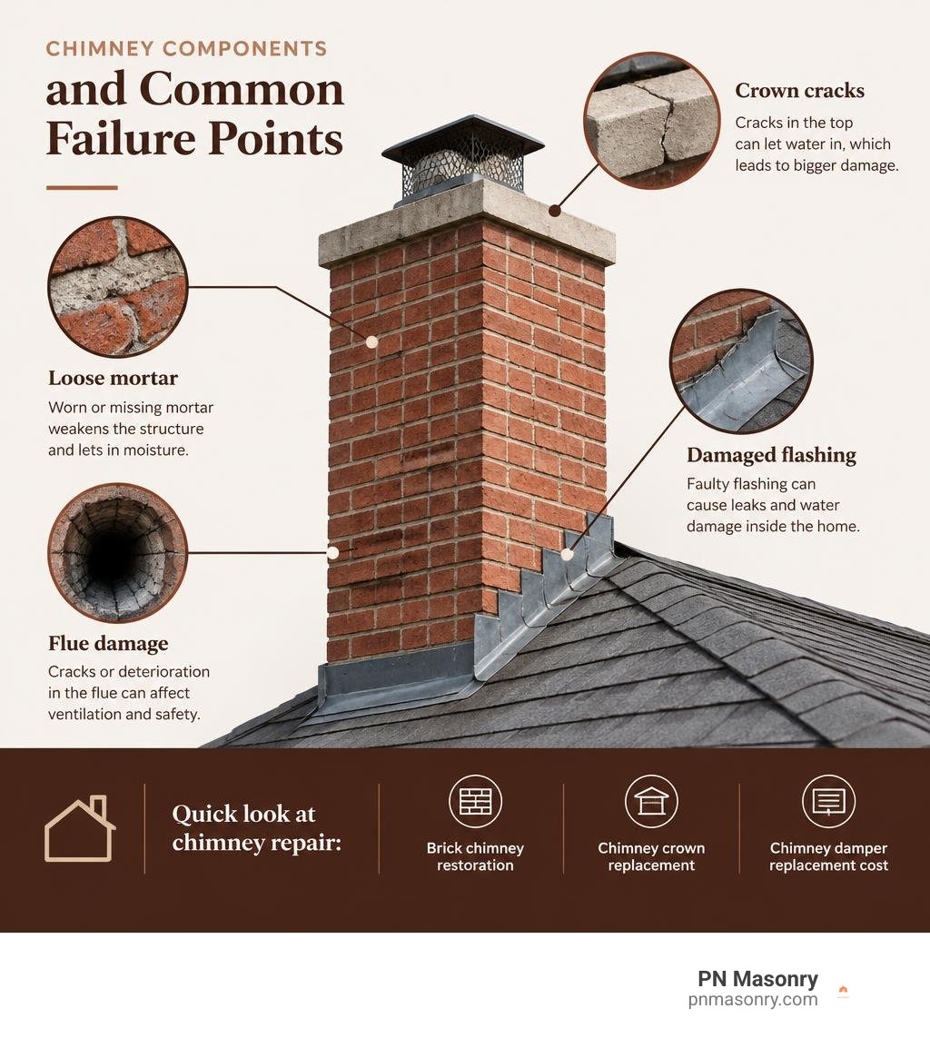 Chimney components and common failure points: crown cracks, loose mortar, damaged flashing, and flue damage infographic Chimney components and common failure points: crown cracks, loose mortar, damaged flashing, and flue damage infographic
