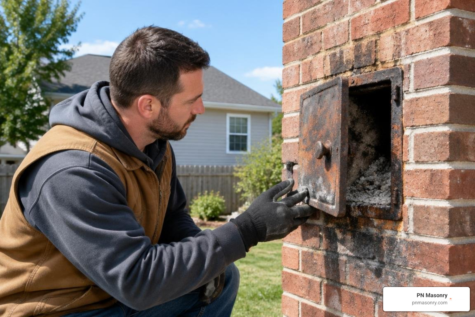 Homeowner inspecting a metal chimney cleanout door for rust and ash buildup Homeowner inspecting a metal chimney cleanout door for rust and ash buildup