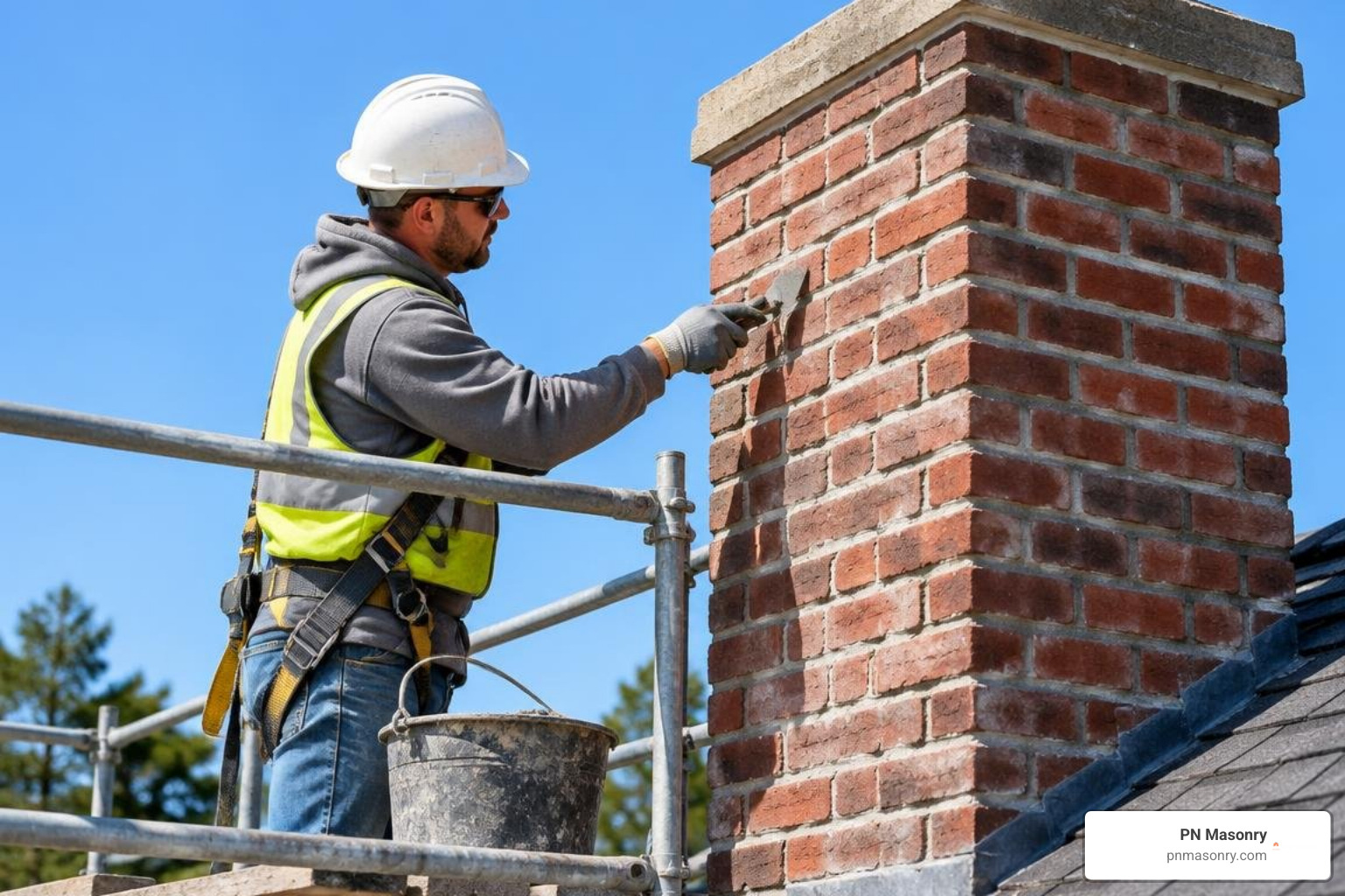 Mason repointing chimney mortar joints on a roof scaffolding Mason repointing chimney mortar joints on a roof scaffolding