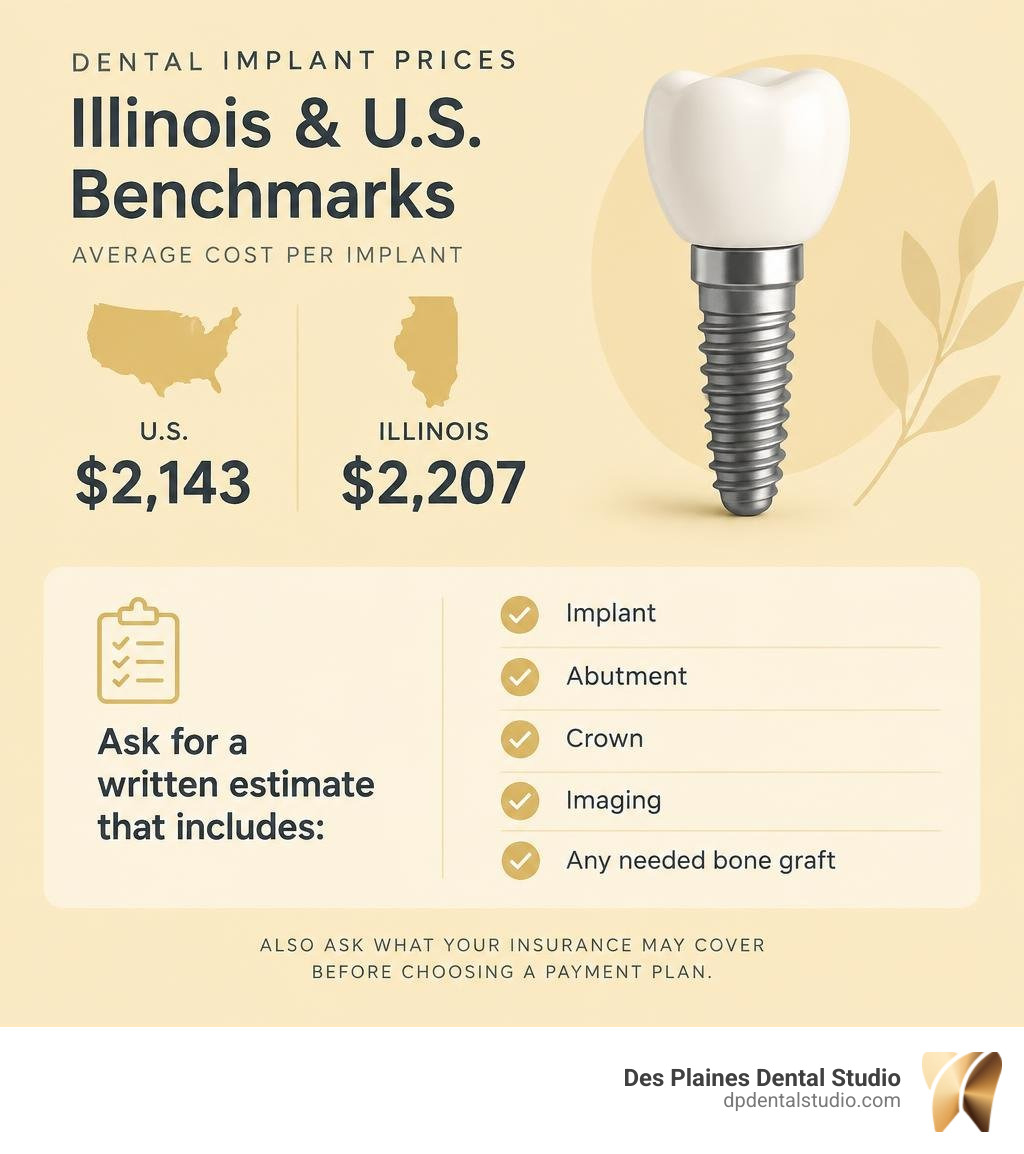 Illinois and US implant price benchmarks with a checklist of costs to request in a local quote infographic