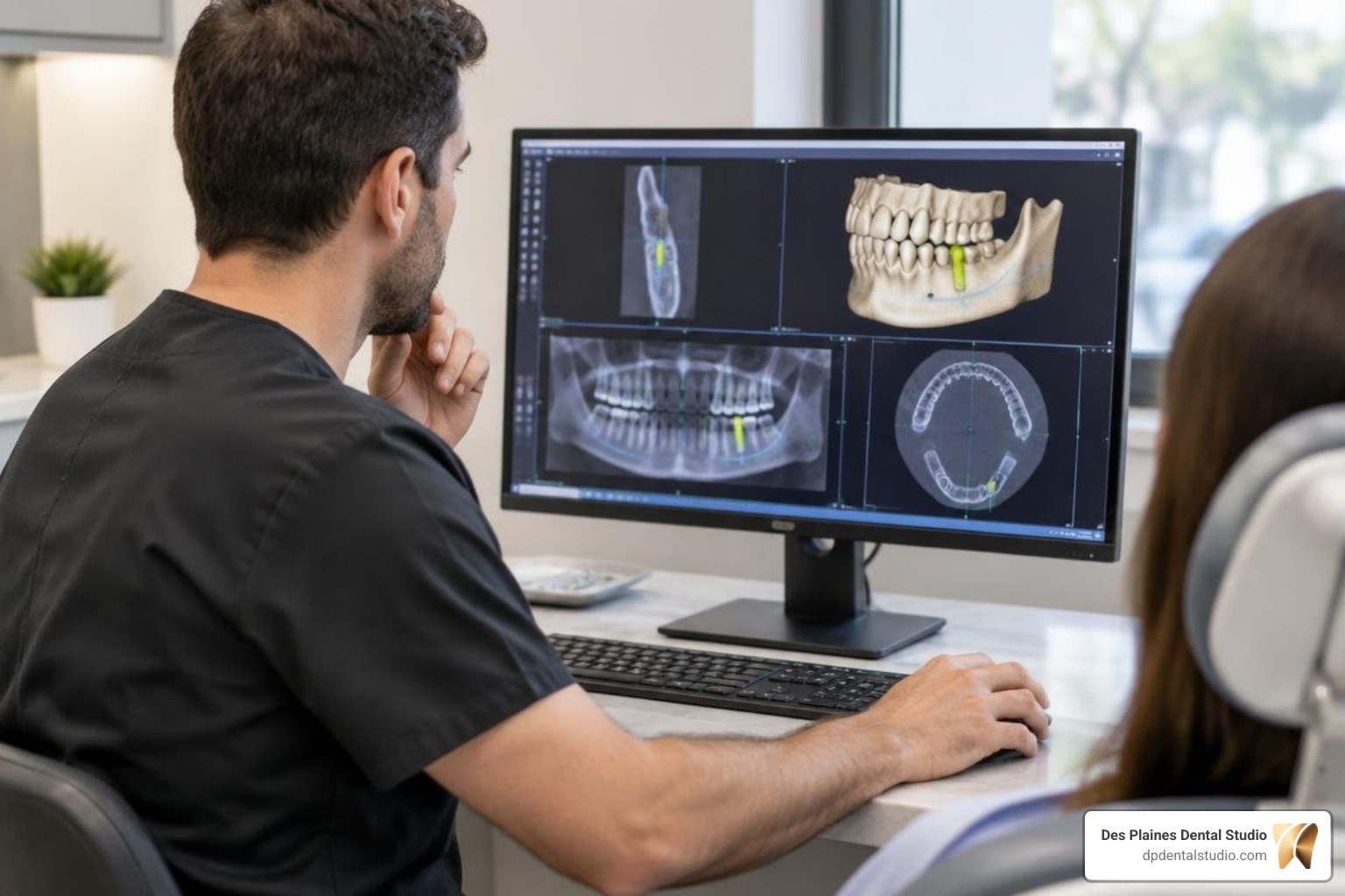 Dentist examining a 3D CBCT digital scan for implant planning