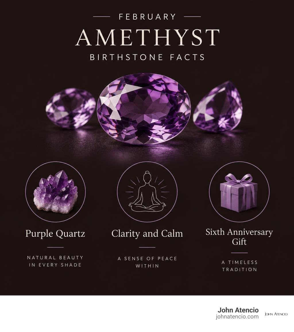 February amethyst birthstone facts: purple quartz, clarity and calm, and sixth anniversary gift infographic