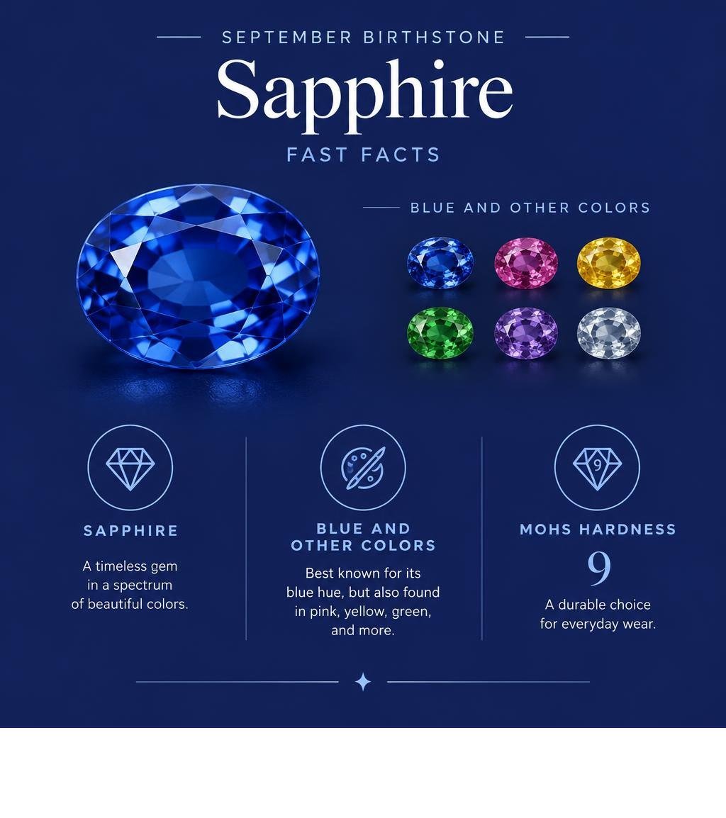 September birthstone fast facts: sapphire, blue and other colors, Mohs hardness 9 infographic