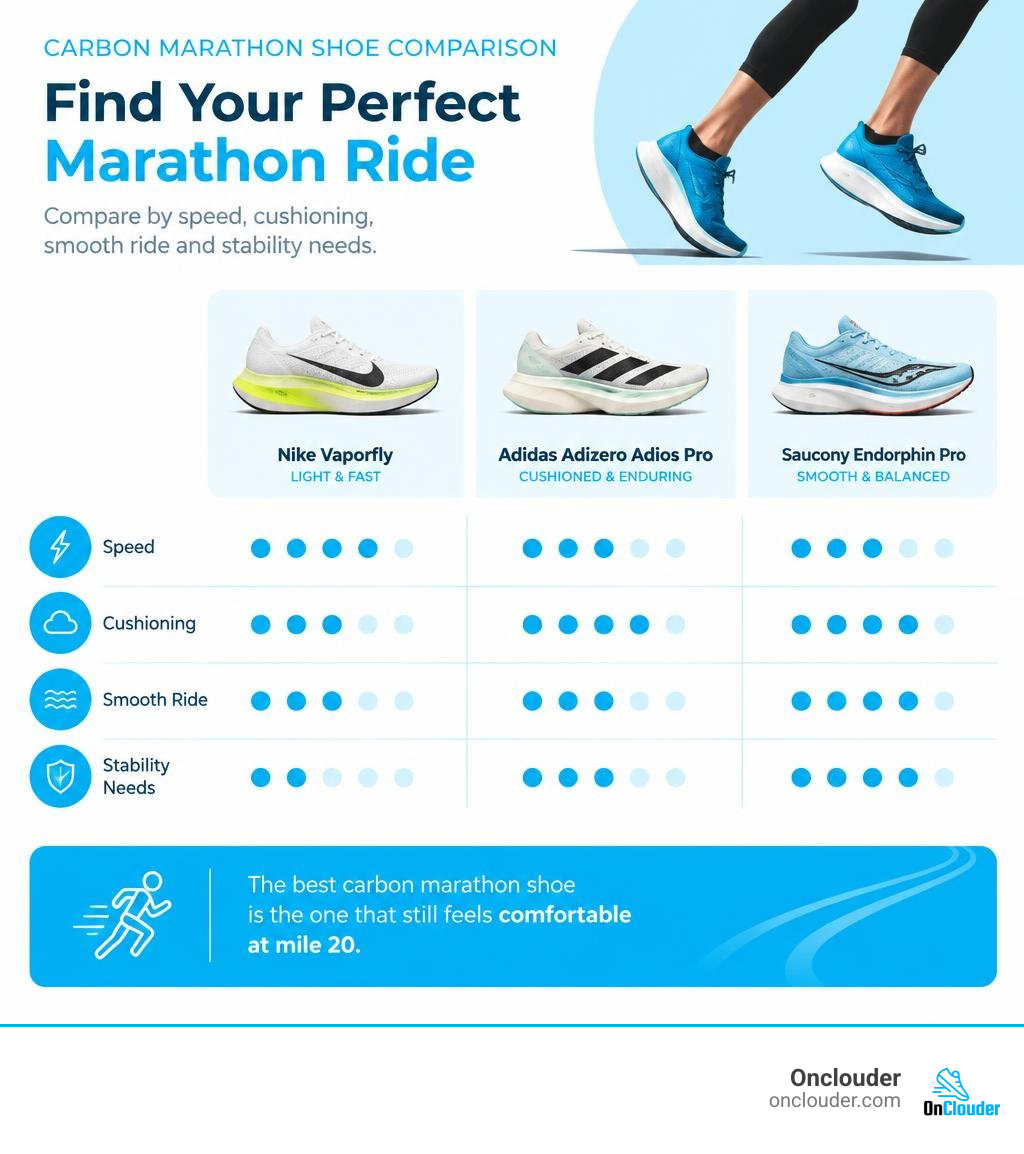 Carbon marathon shoe comparison by speed, cushioning, smooth ride, and stability needs infographic