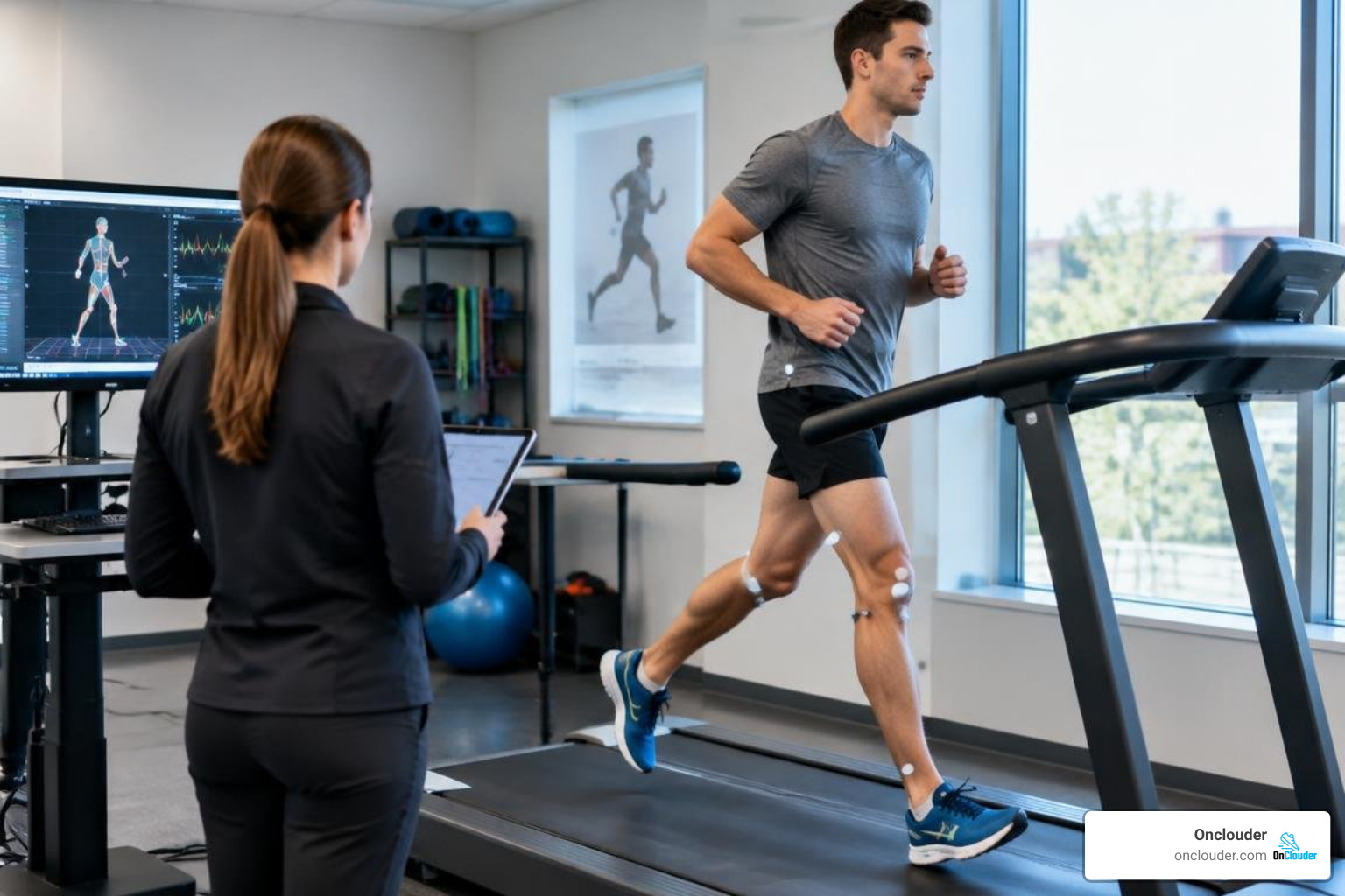runner undergoing gait analysis on a treadmill