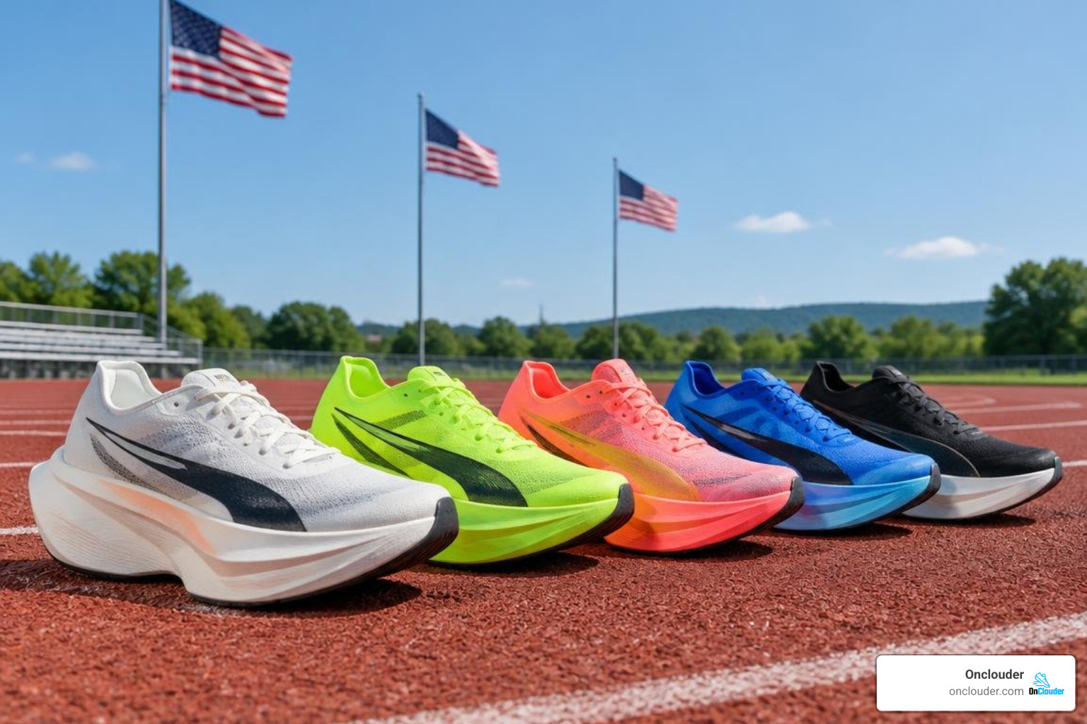 Top carbon marathon racing shoes lined up on a track