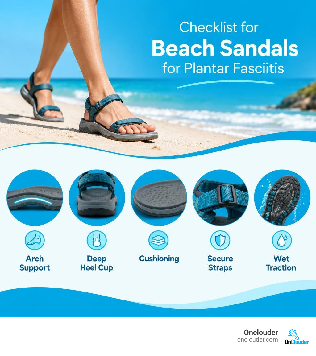 Checklist of arch support, deep heel cup, cushioning, secure straps, and wet traction for beach sandals infographic Checklist of arch support, deep heel cup, cushioning, secure straps, and wet traction for beach sandals infographic