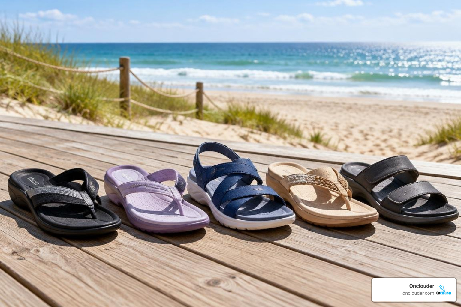 top rated orthotic beach sandals lined up on a sunny boardwalk top rated orthotic beach sandals lined up on a sunny boardwalk