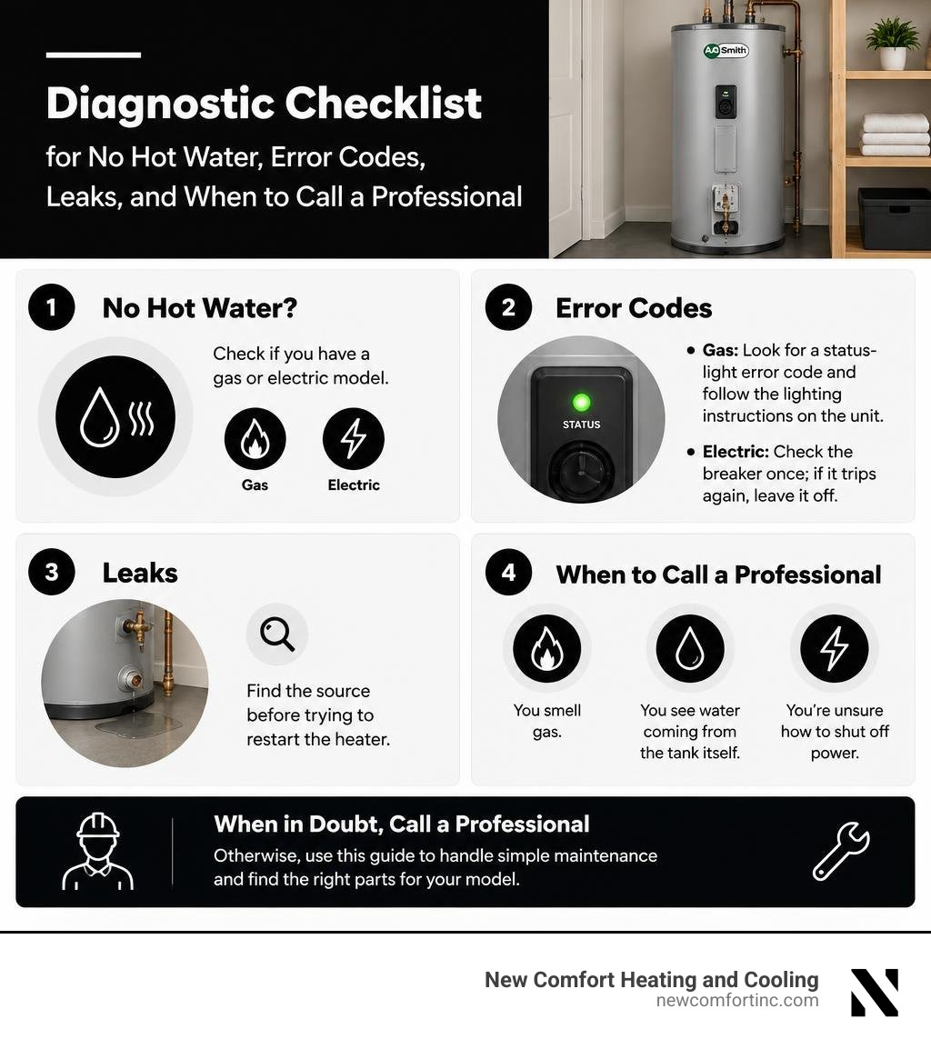 Diagnostic checklist for no hot water, error codes, leaks, and when to call a professional infographic