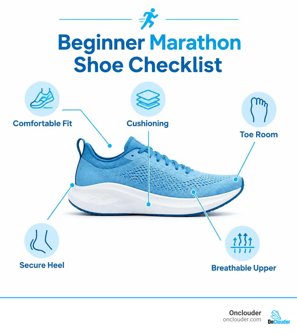 Beginner marathon shoe checklist: comfortable fit, cushioning, toe room, secure heel, breathable upper infographic