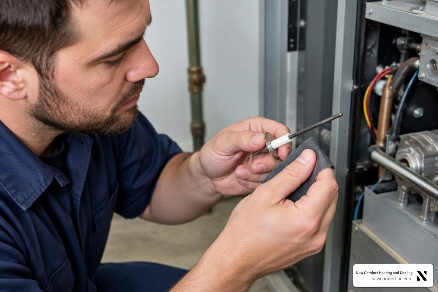 Technician carefully cleaning a flame rectification sensor with fine abrasive cloth