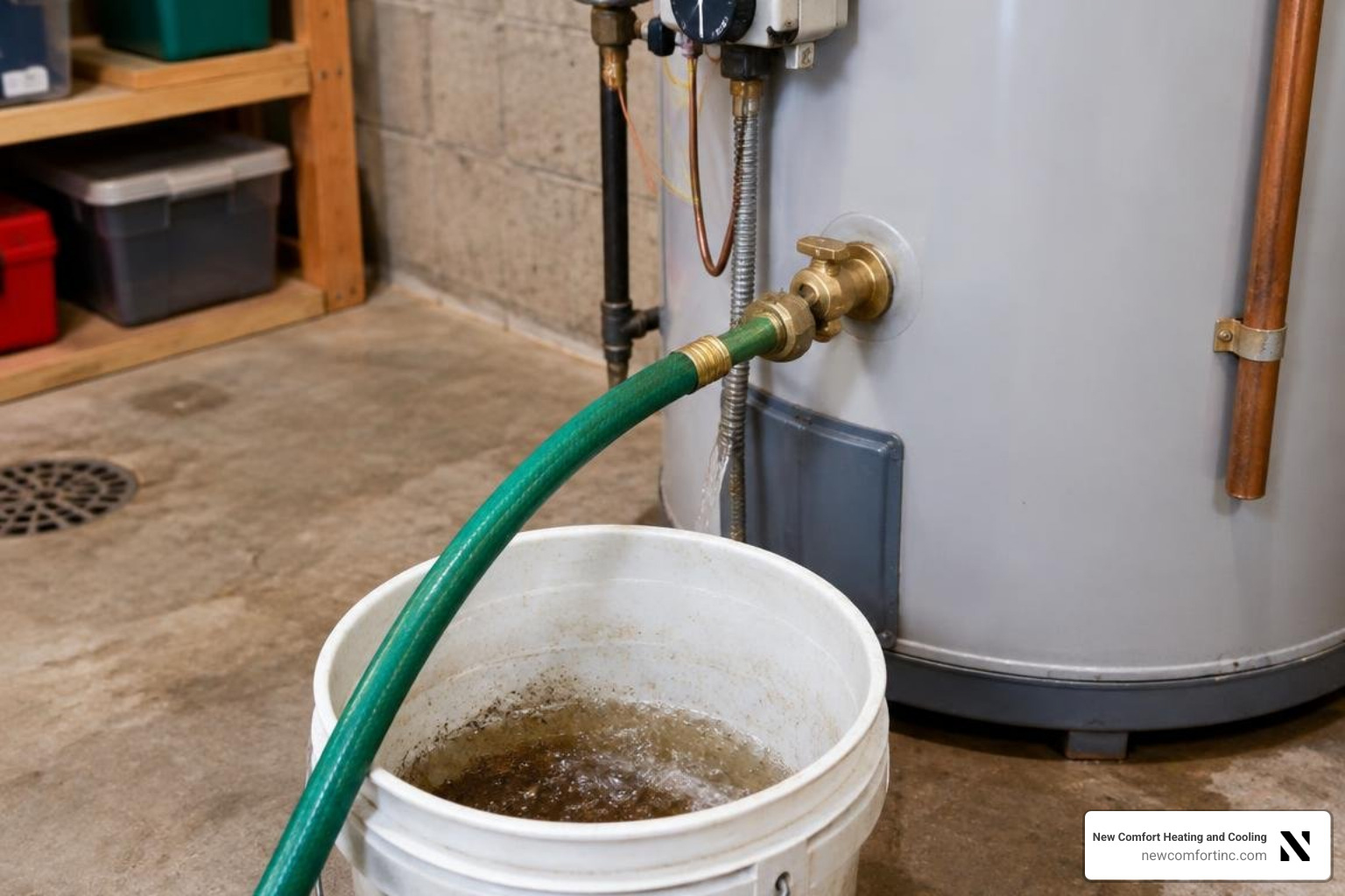 Garden hose connected to a brass drain valve flushing mineral sediment from a tank