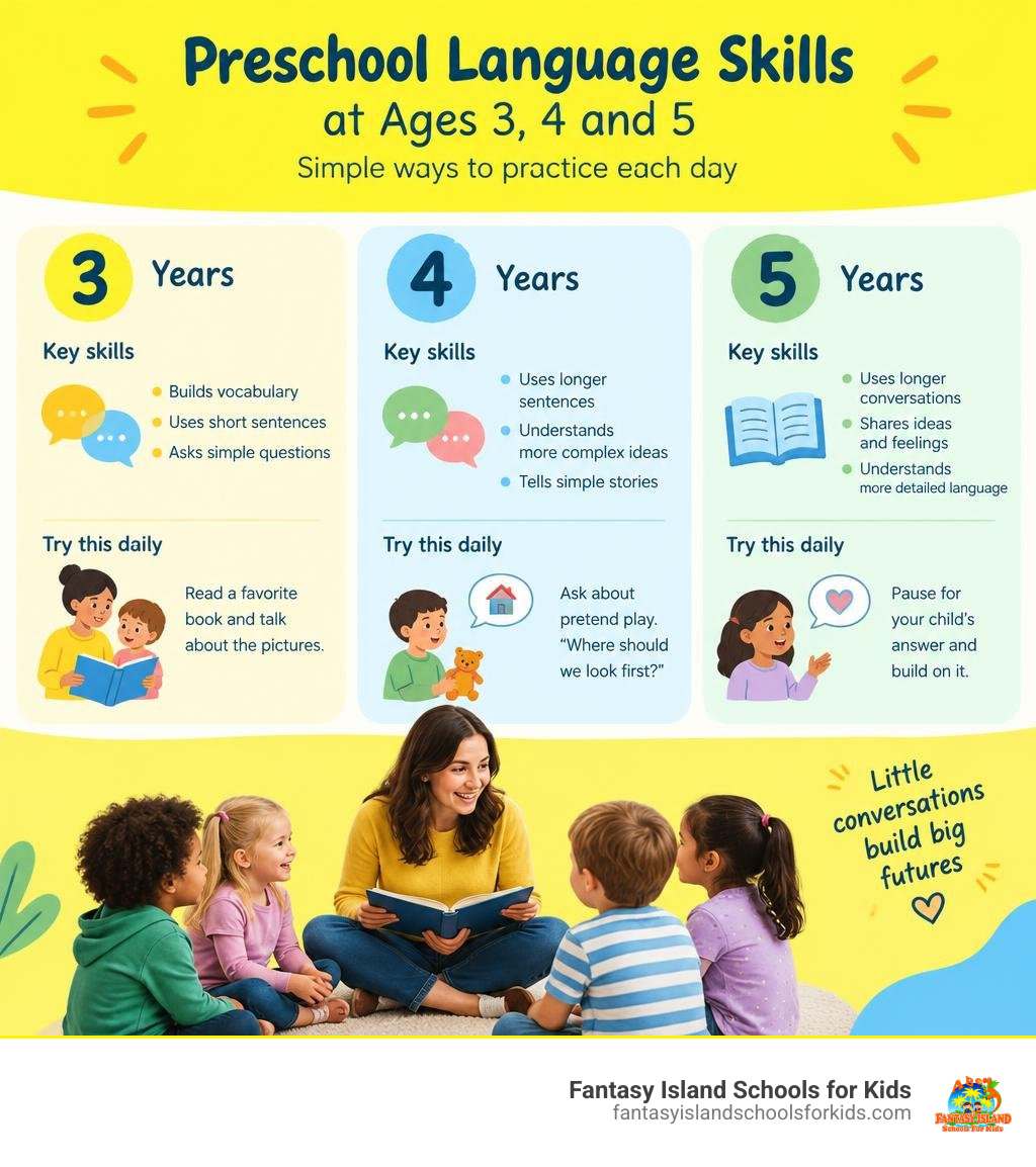 Preschool language skills at ages 3, 4, and 5, with simple ways to practice each day infographic