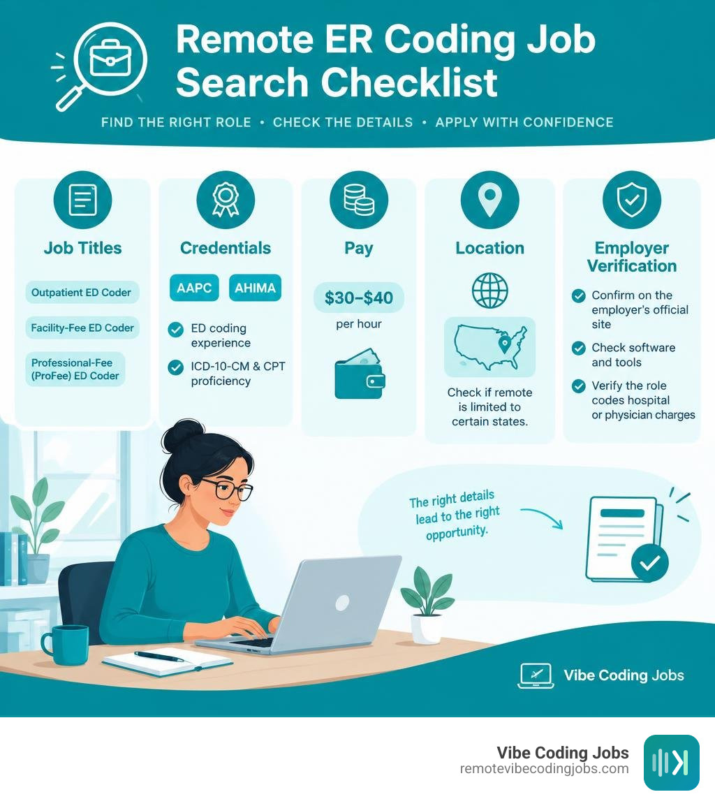 Remote ER coding job search checklist covering titles, credentials, pay, location, and employer verification infographic