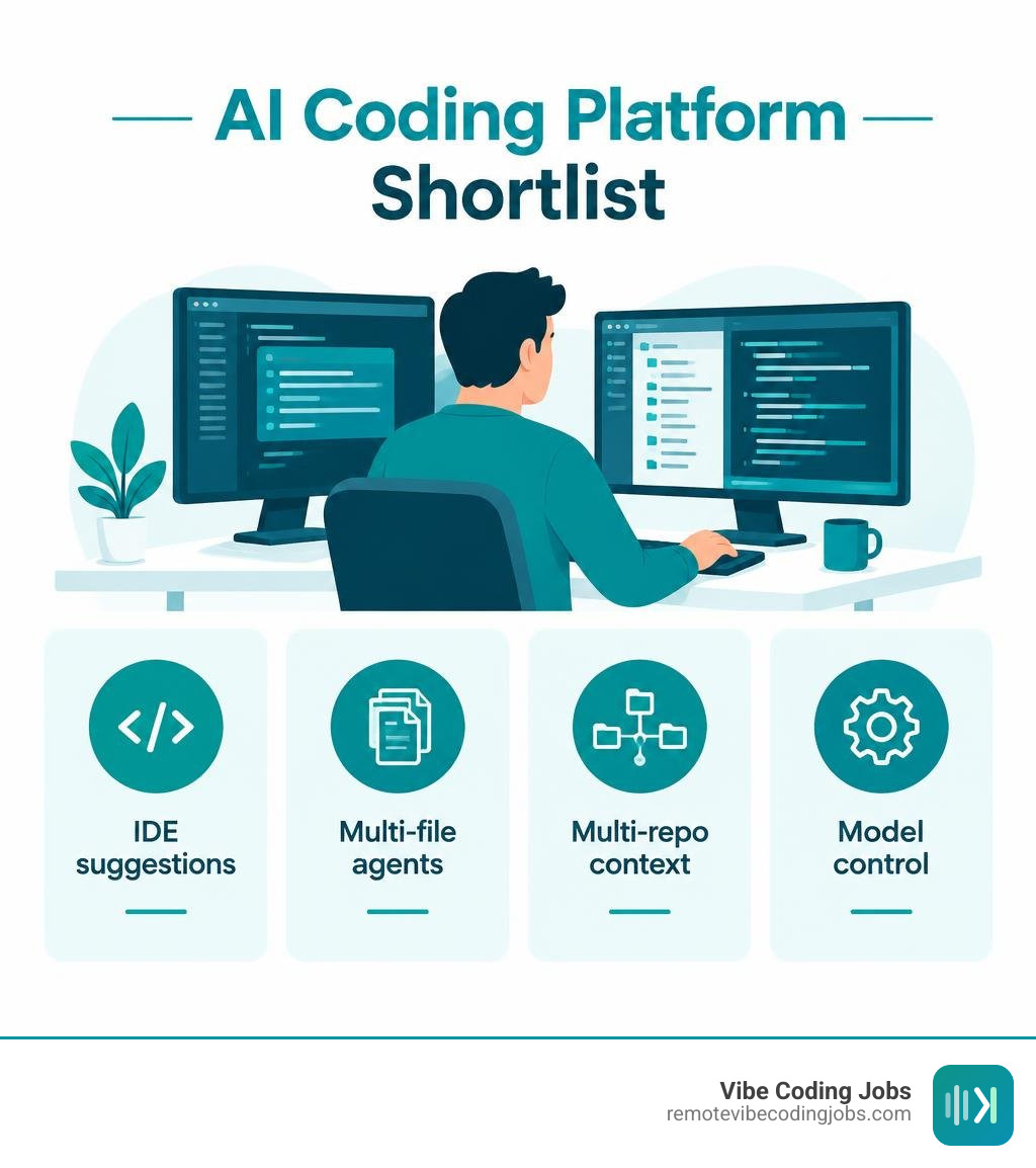 AI coding platform shortlist: IDE suggestions, multi-file agents, multi-repo context, and model control infographic AI coding platform shortlist: IDE suggestions, multi-file agents, multi-repo context, and model control infographic
