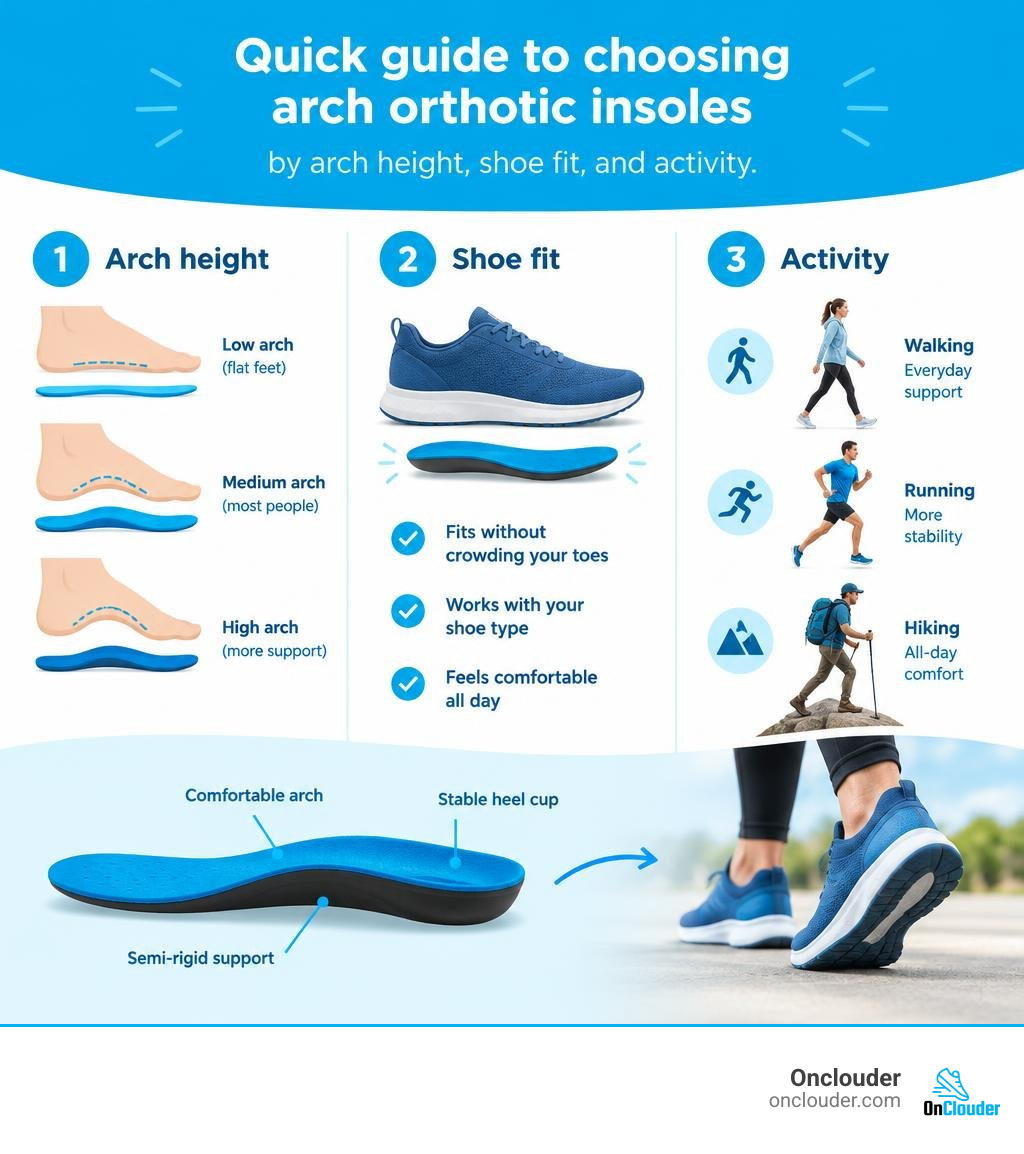 Quick guide to choosing arch orthotic insoles by arch height, shoe fit, and activity infographic Quick guide to choosing arch orthotic insoles by arch height, shoe fit, and activity infographic