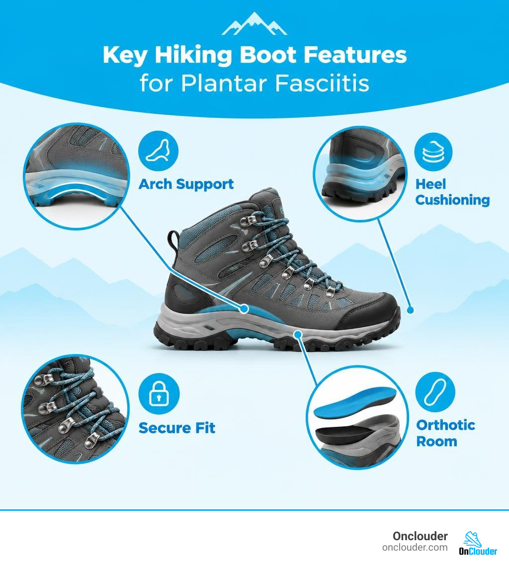 Key hiking boot features for plantar fasciitis: arch support, heel cushioning, secure fit, and orthotic room infographic
