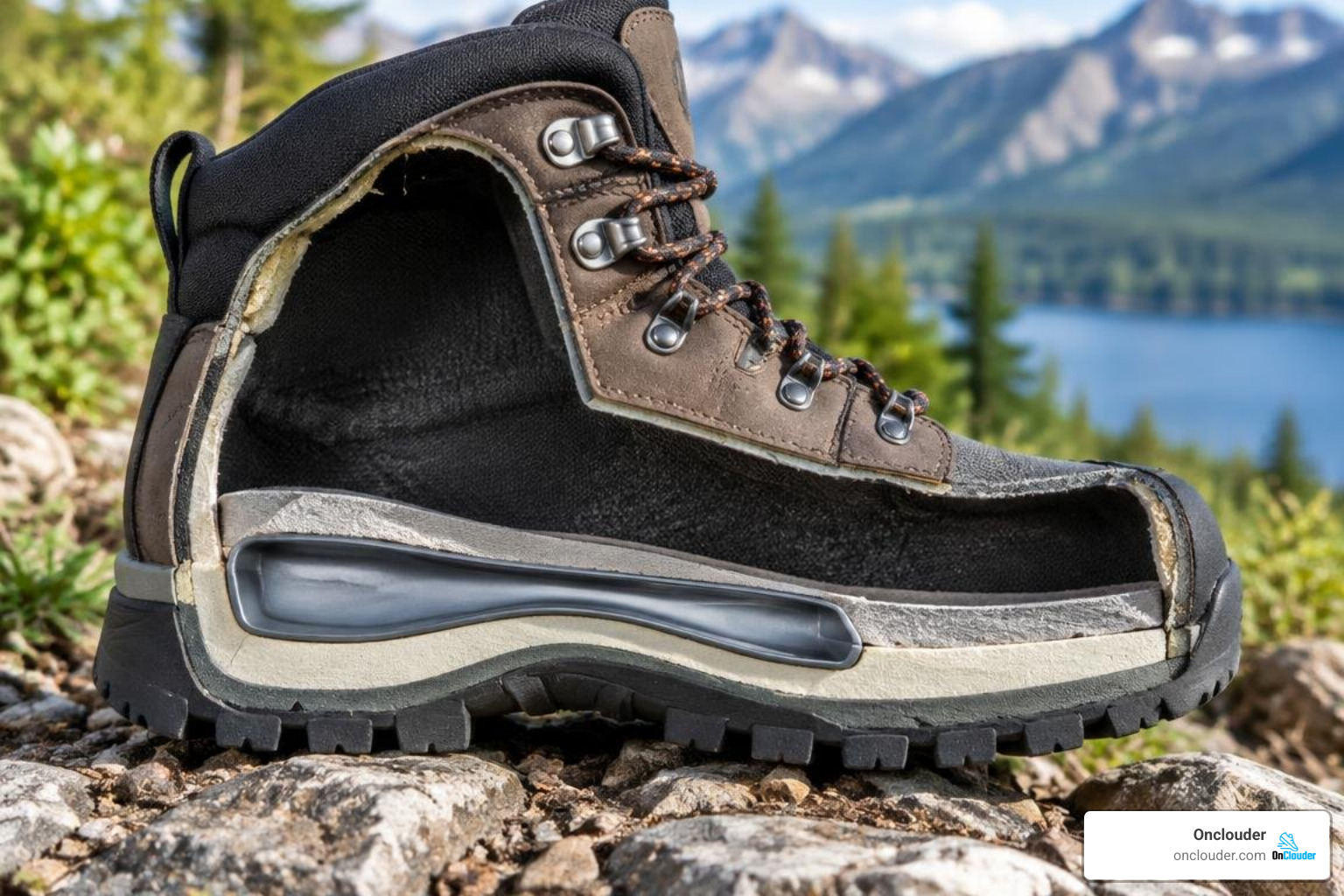 cross section of a hiking boot showing the rigid shank and supportive midsole