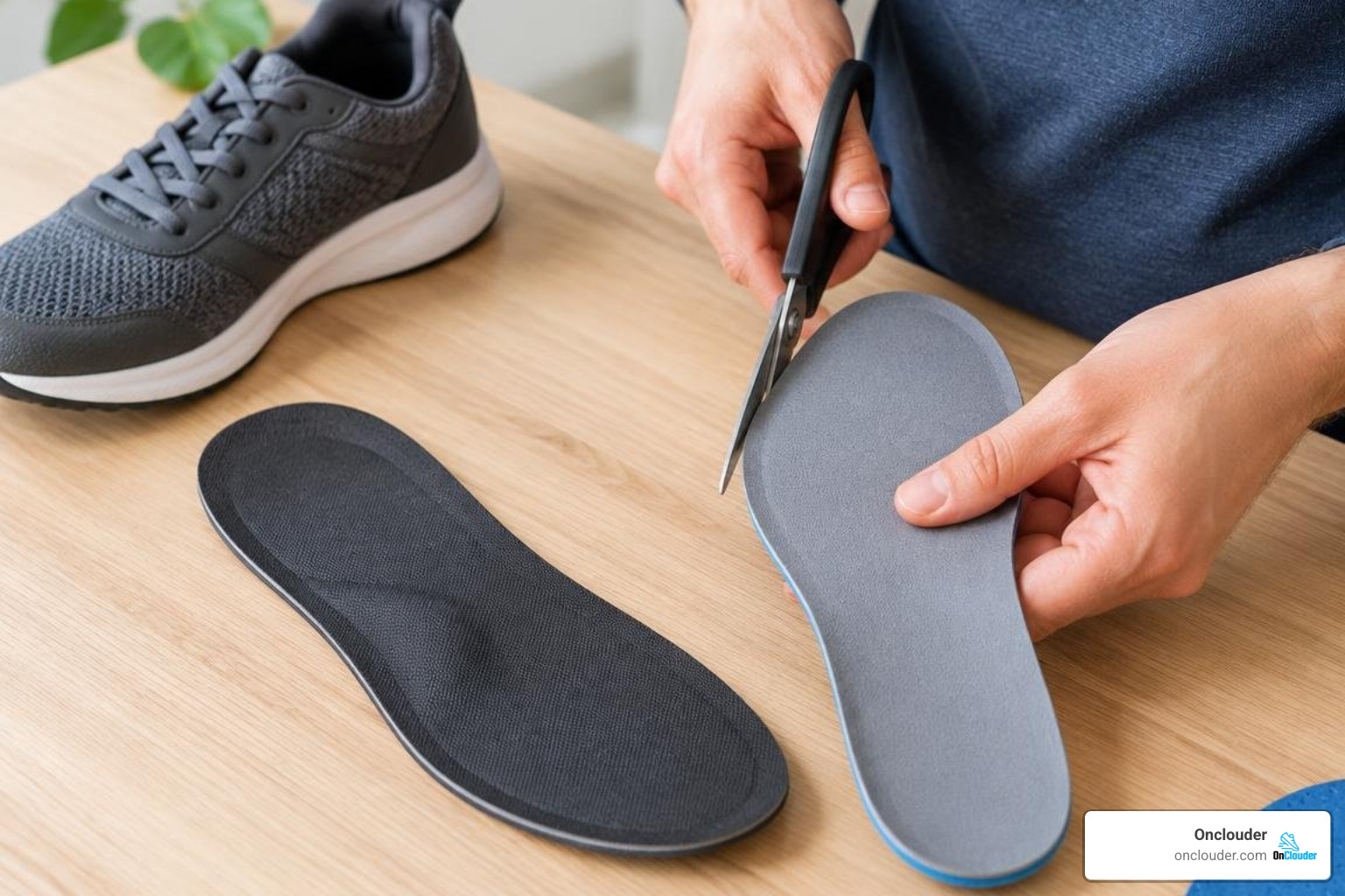 Trimming an orthotic insole using the original factory shoe insole as a cutting template Trimming an orthotic insole using the original factory shoe insole as a cutting template